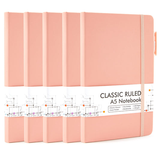 feela 5 Pack Notebooks Journals Bulk, Hardcover Classic Ruled Lined Journals with Pen Holder for