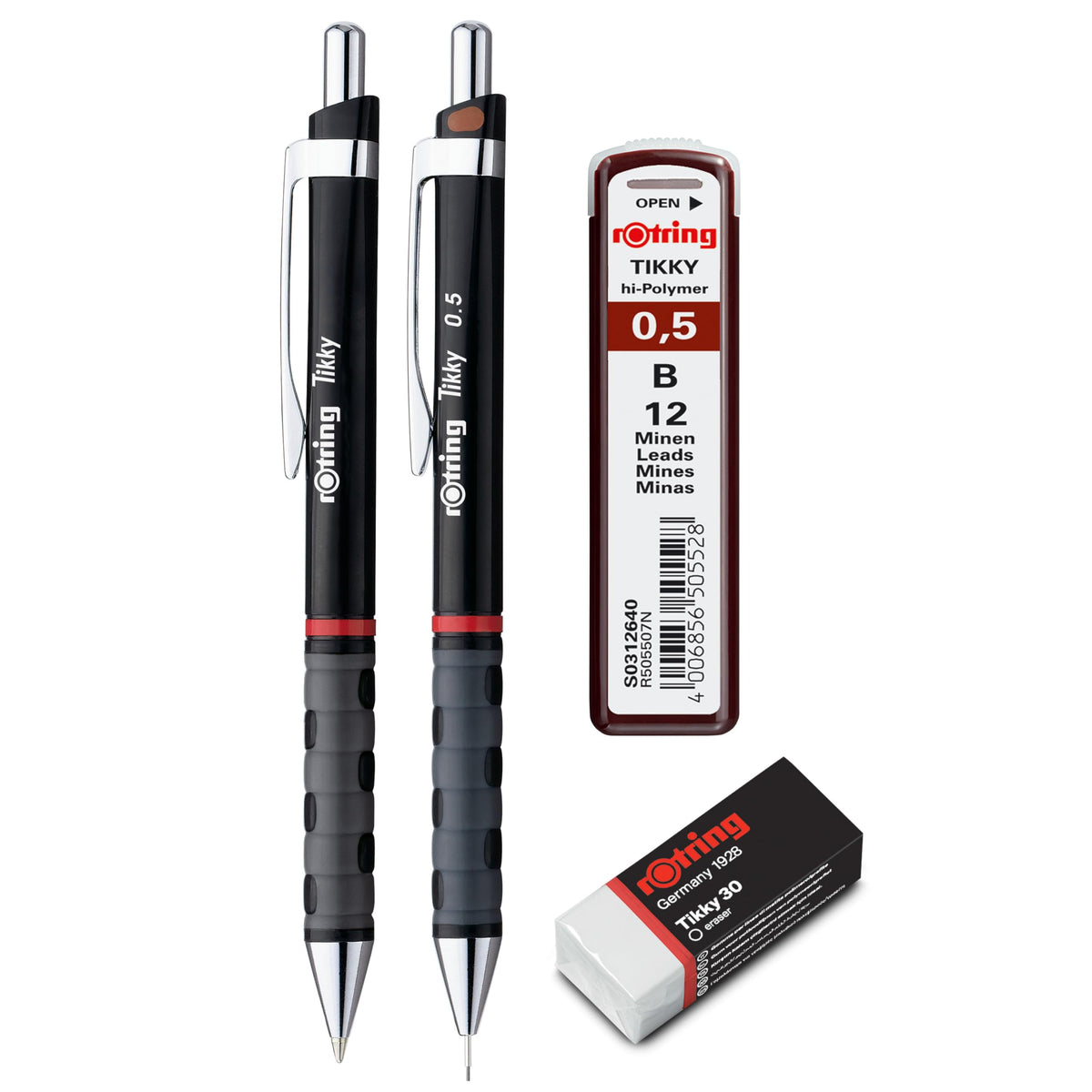rOtring Tikky Set of Fine Lead Pen, Ballpoint Pen, Eraser and Refills | Pencil with HB Lead, 0.5