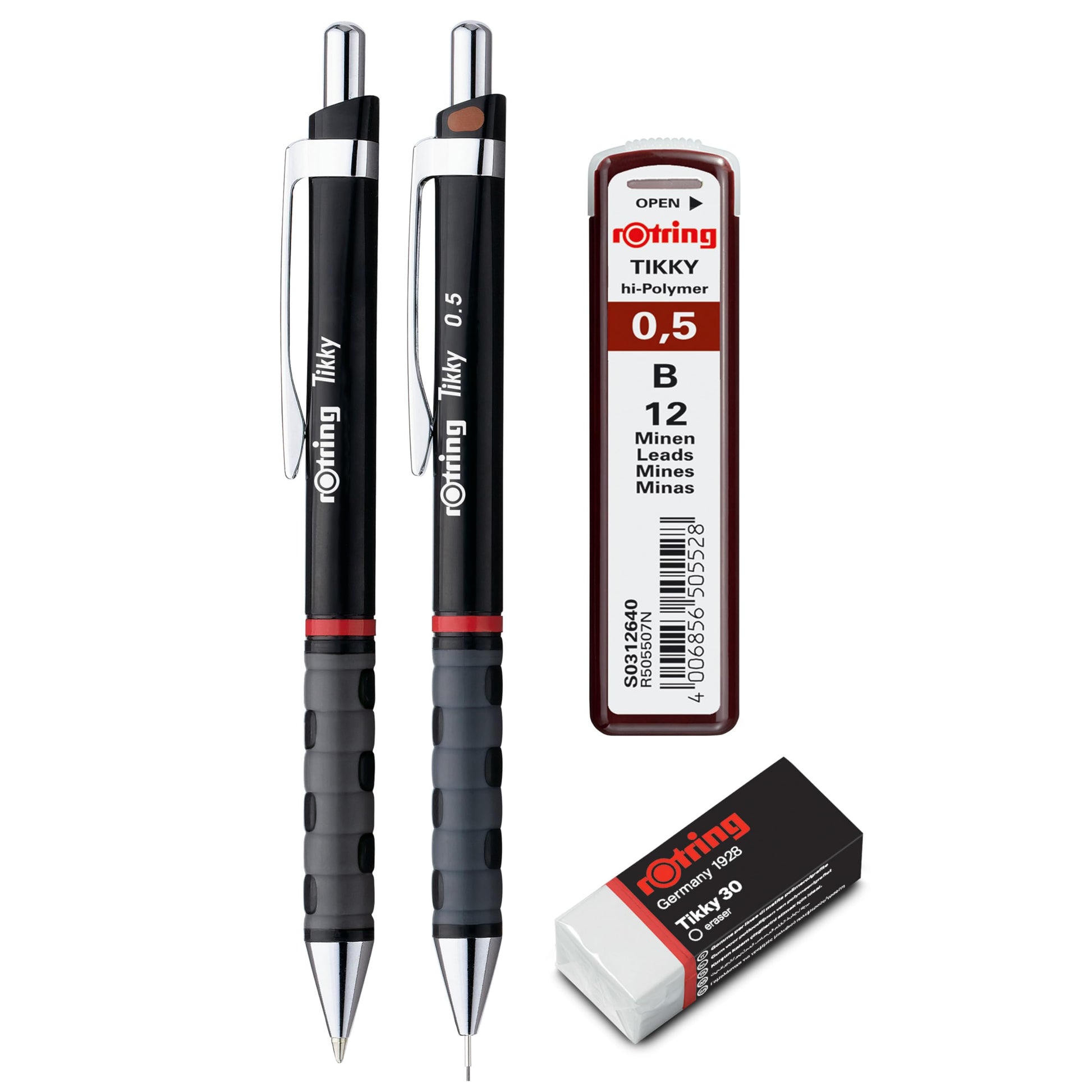 rOtring Tikky Set of Fine Lead Pen, Ballpoint Pen, Eraser and Refills | Pencil with HB Lead, 0.5