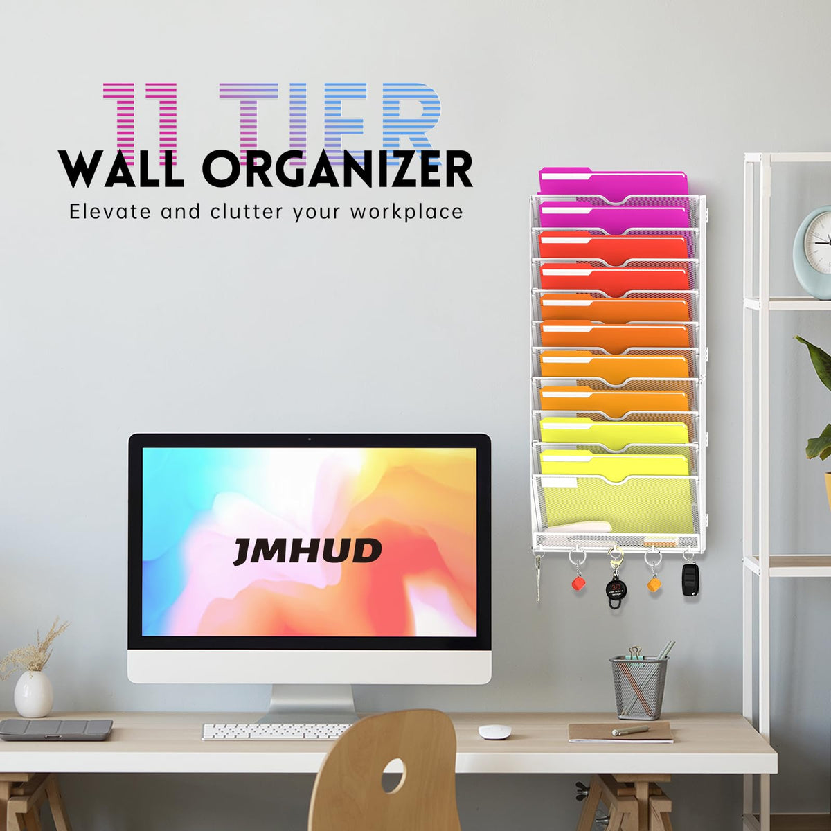 11-Tier Wall File Organizer with Base and Hooks, Hanging Organizer, White