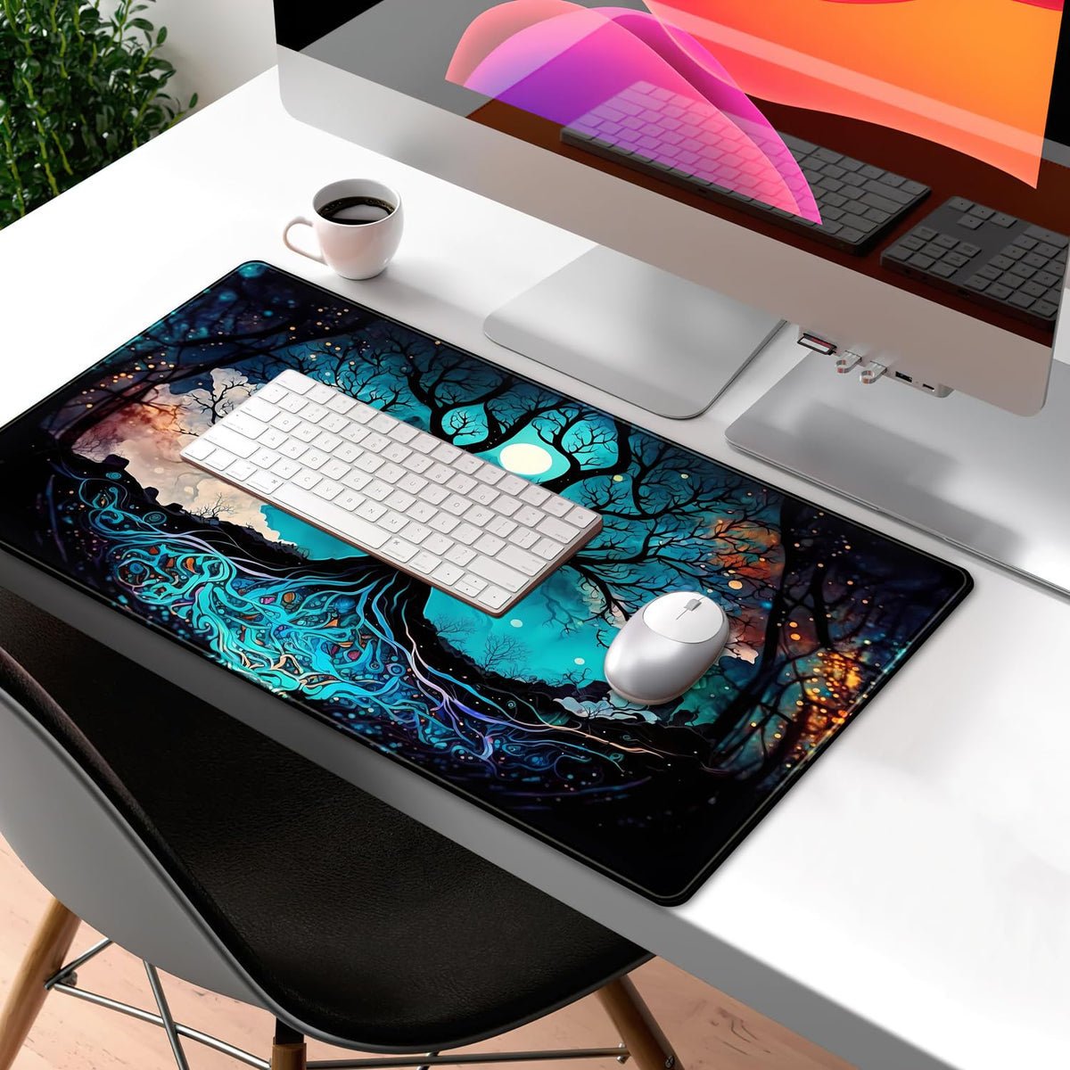 Vintage Blue AI Original Desk Mat Life Tree Aesthetics Desk Pad Large Flower Mouse Pad XXL Plant