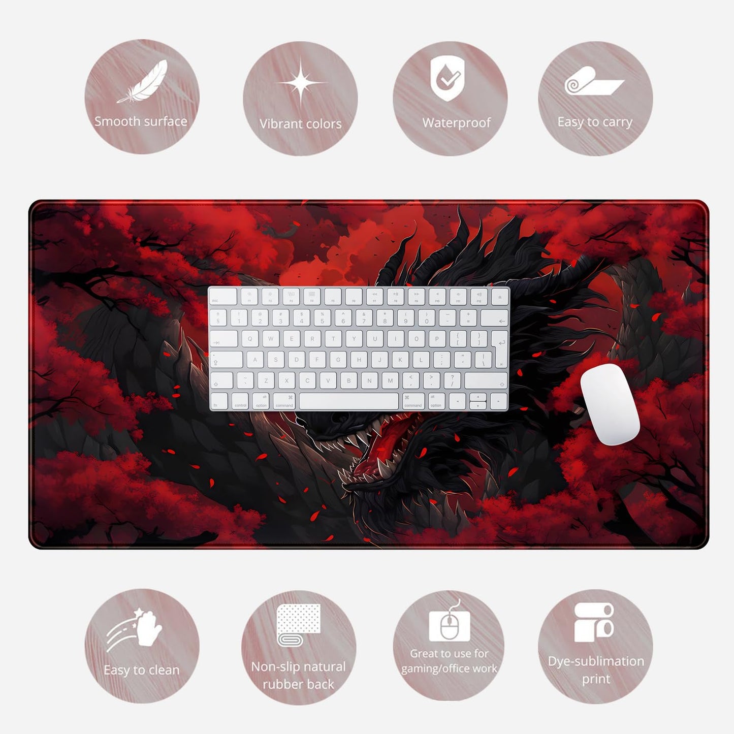 Huge Dragon Large Mouse Pad - Red and Black Mousepad, Big Full Keyboard and Mouse Pad with Stitched