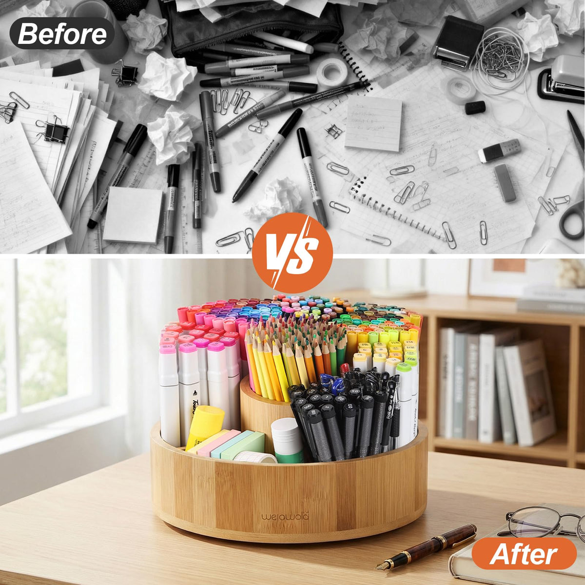 Marker Organizer Rotating Bamboo Desk Organizer, Silent 360° Rotation Caddy, 10 INCH LARGE Art