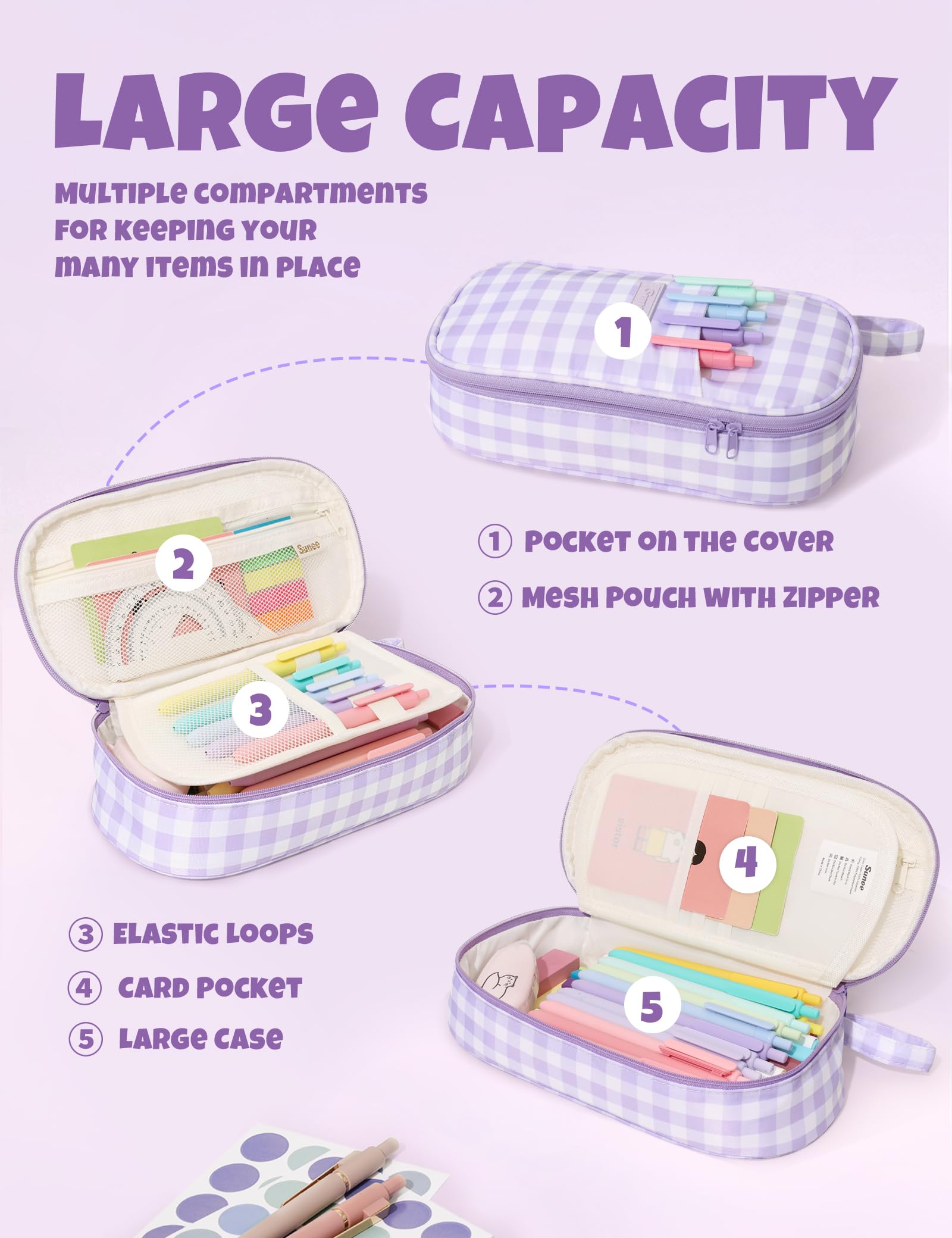 SUNEE Cute Pencil Case, Large Colored Pencil Pouch, Aesthetic Pen Bag with Zipper, Kawaii