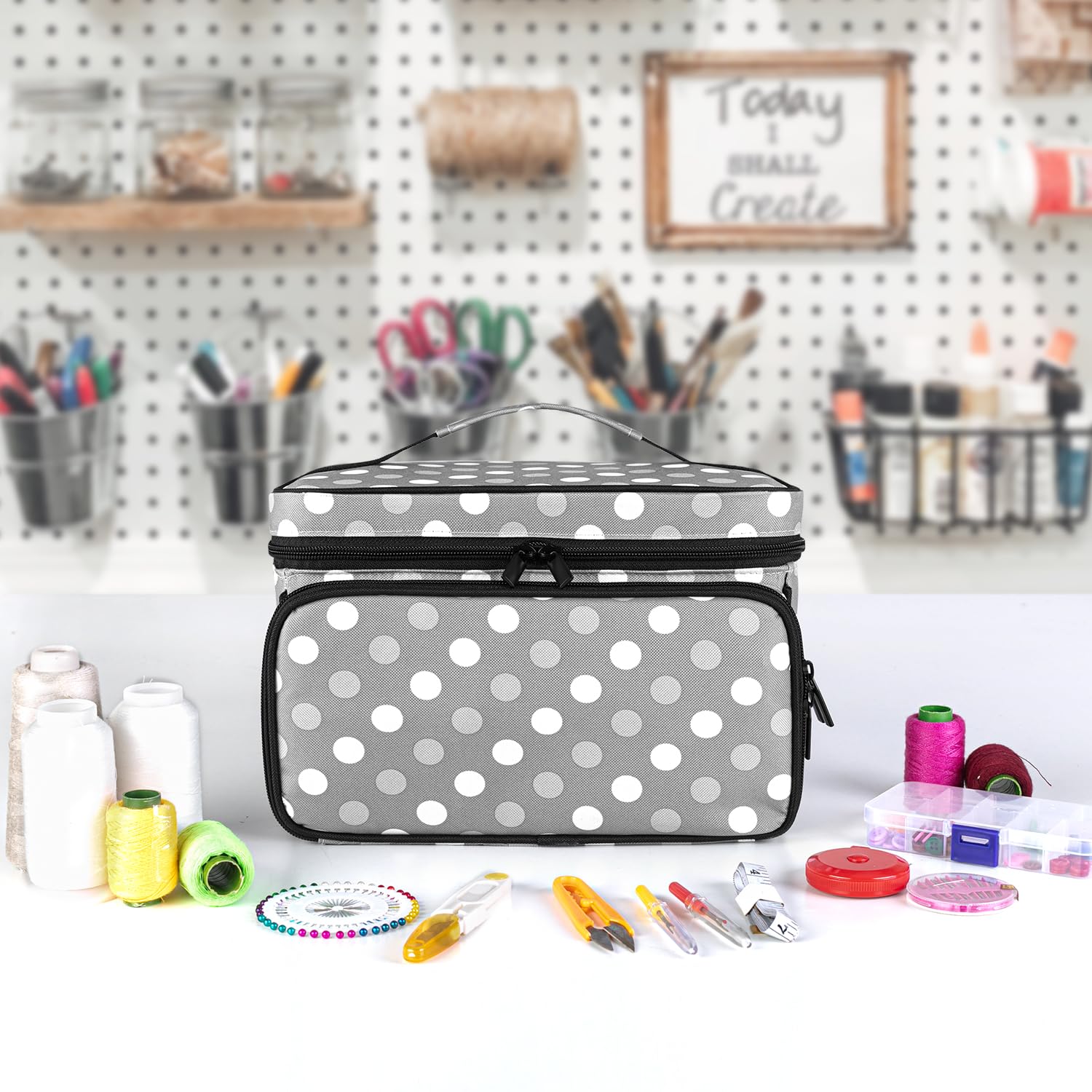 Luxja Sewing Storage Organizer with 2 Detachable Clear Pockets, Polka Dots