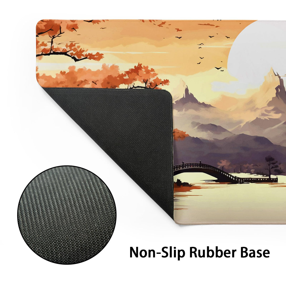 Orange Japanese Sakura Gaming Mouse Pad XL Yellow Cherry Blossom Mountain Aesthetic Large Desk Mat