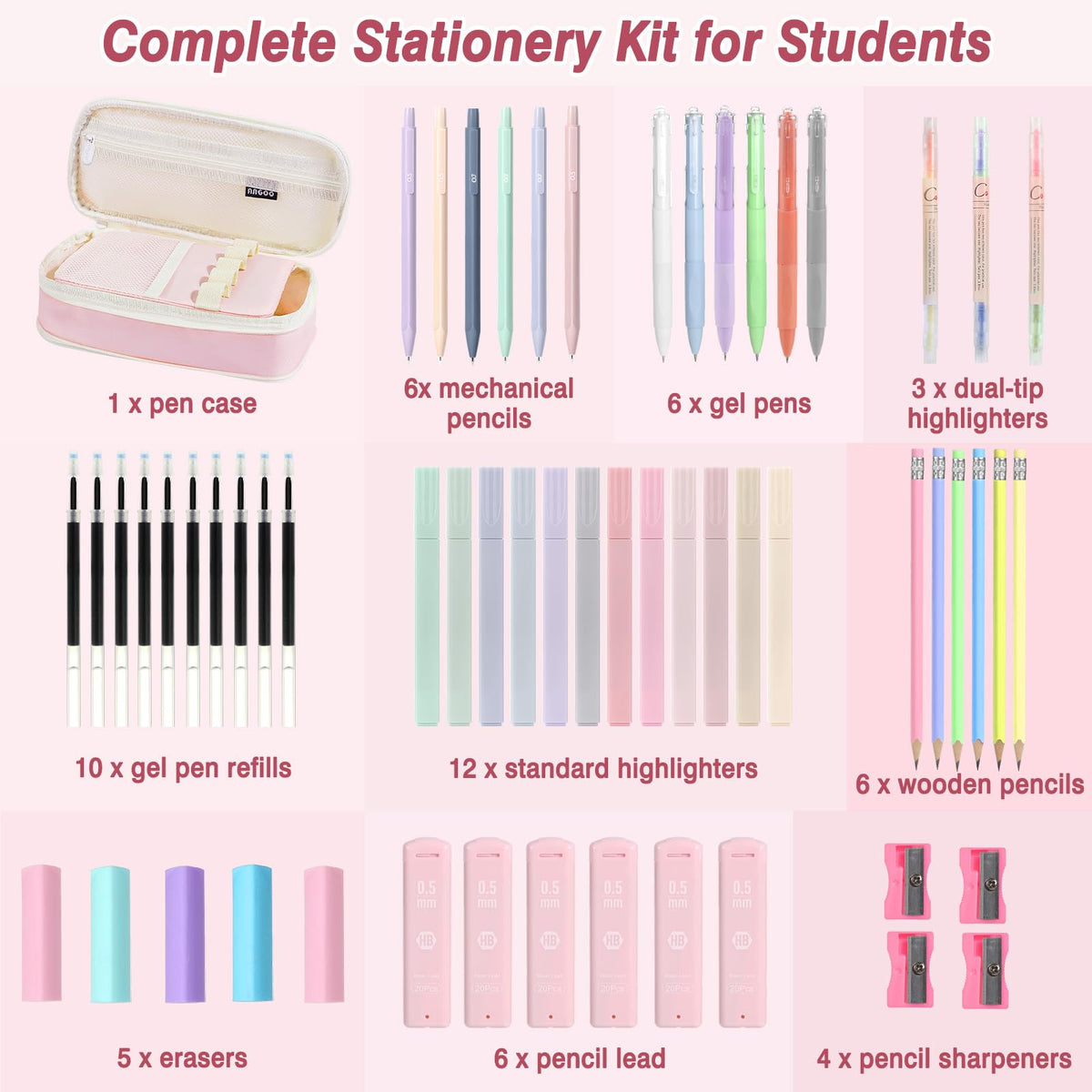 MoKo Pencil Case with Supplies, 59Pcs Aesthetic School Set, Pink