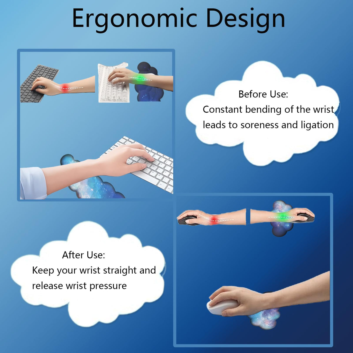 Cloud Wrist Rest Keyboard Galaxy Mouse Pad Set Gradient Blue Large Desk Mat Ergonomic Space Wrist
