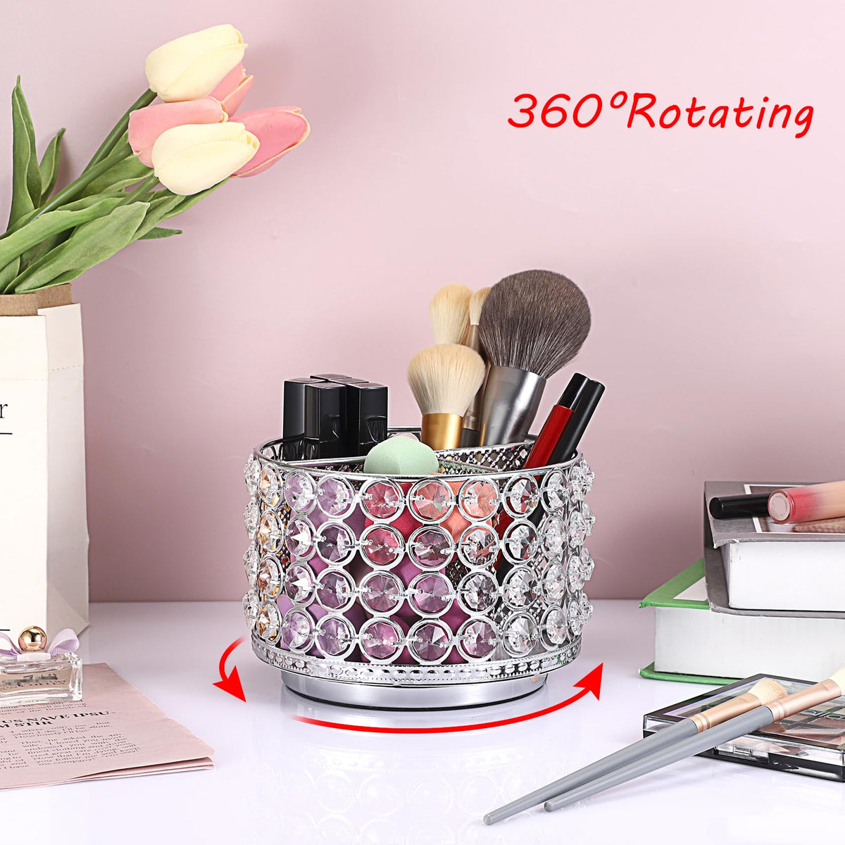 Hipiwe 360° Rotating Crystal Makeup Brush Holder 4 Slots Vanity Organizer