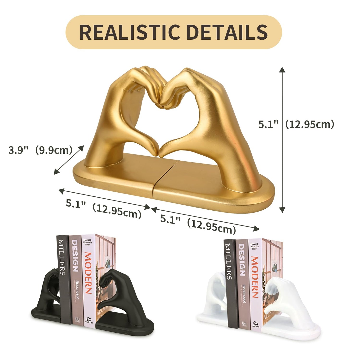 Gold Decorative Bookends for Shelves, Heart Hands Book Ends Sculpture Aesthetic Decor for Bedroom