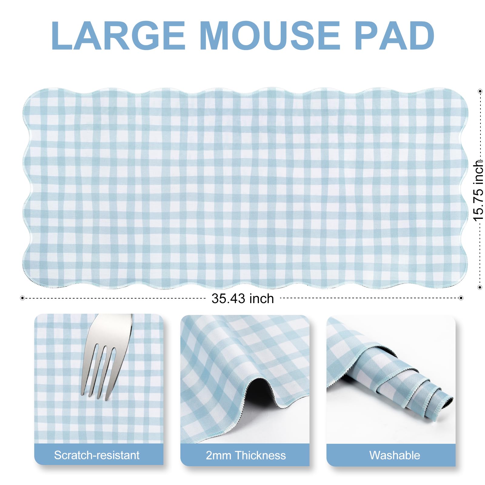 L-SPOUTTO Blue Checkered Mouse Pad,Cottagecore Scalloped Desk Mat XXL Large Cute Pastel Gaming