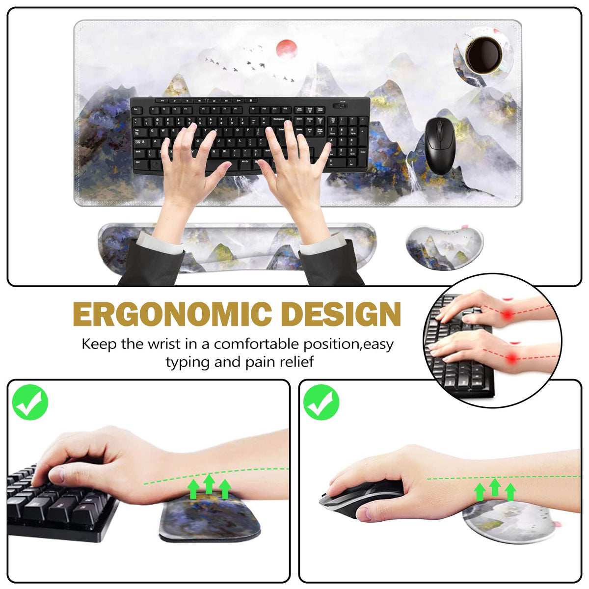 ToLuLu Extended Gaming Mouse Pad, Memory Foam Ergonomic Keyboard Mouse Wrist Rest Support Set