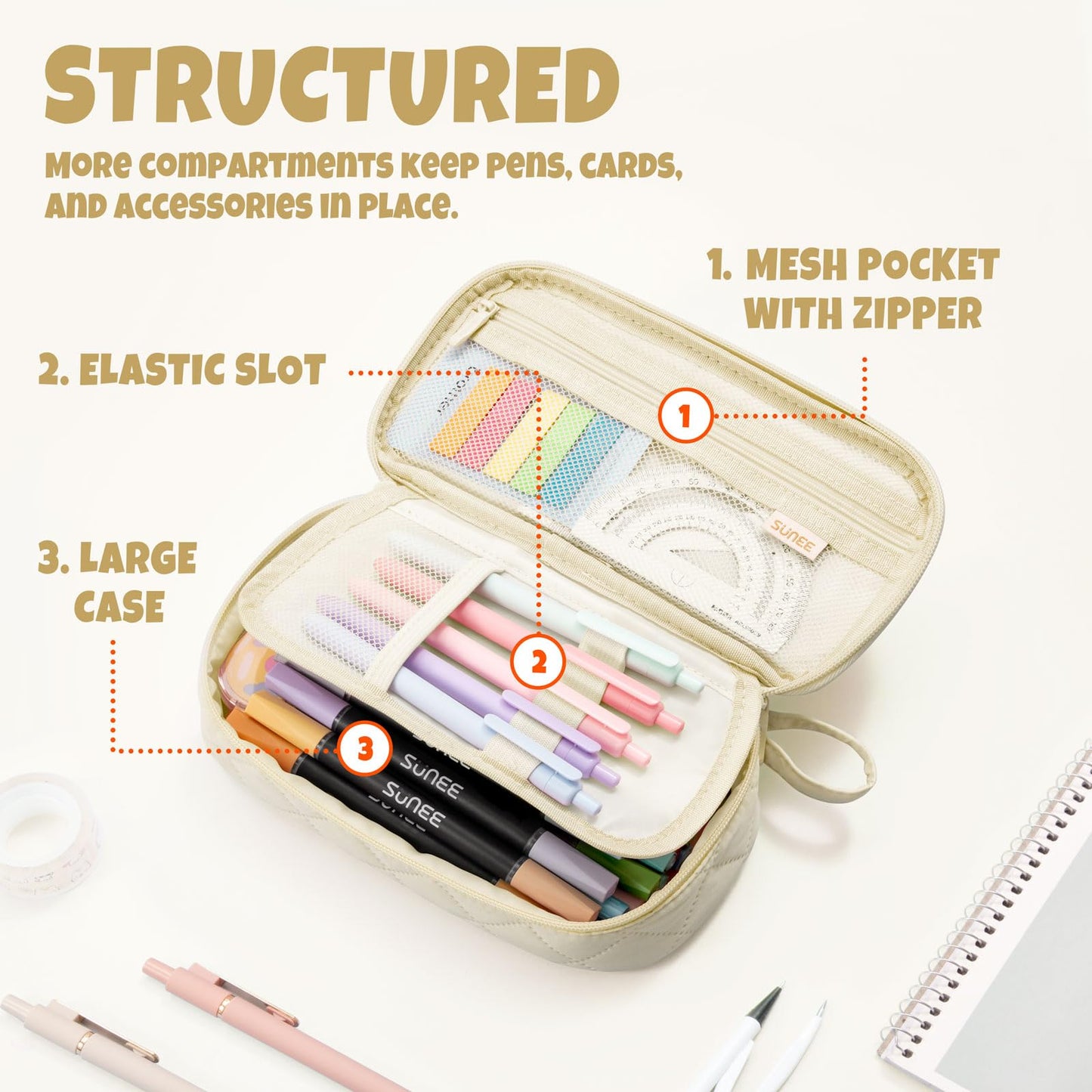 SUNEE Cute Pencil Case, Large Capacity Pencil Pouch Aesthetic Zipper Pencil Bag, Big Storage Pen