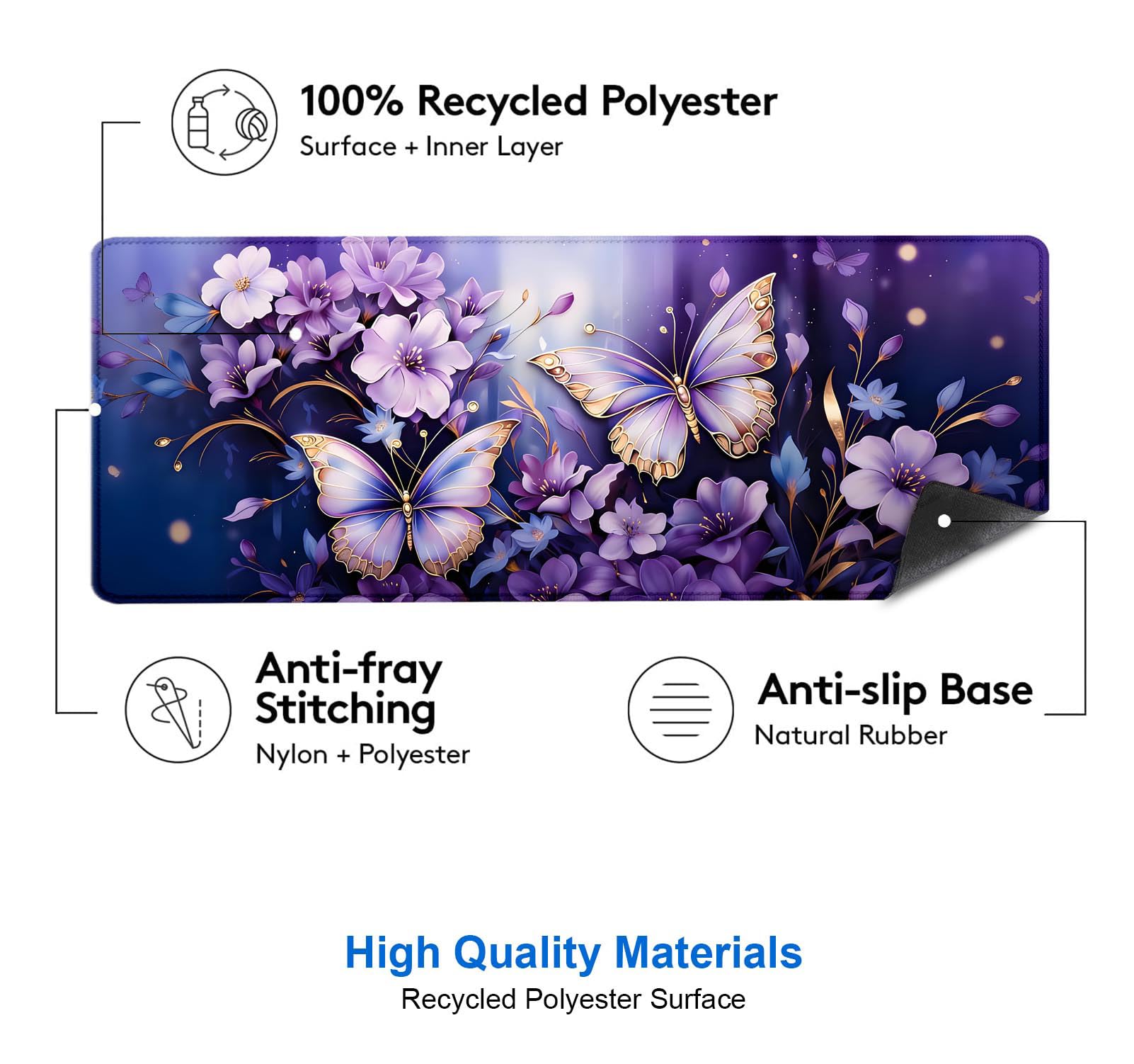 IMAYONDIA Gold Butterfly Desk Pad, Purple Flowers Large Mousepad, Floral Desk Mat, Modern Beutiful