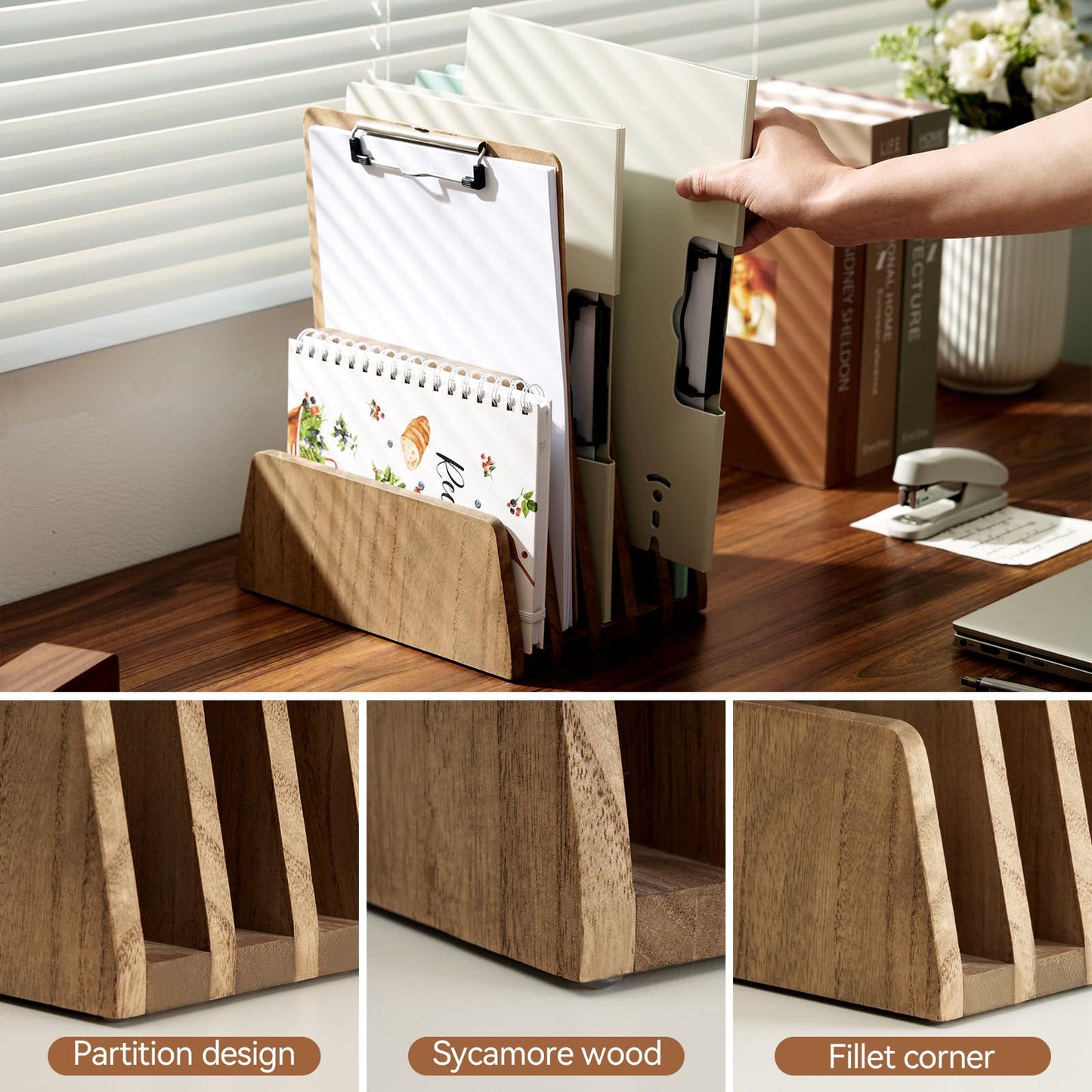 KIRIGEN Wooden Mail Organizer, 5-Slot File Holder for Desk, Brown 5K-DBR