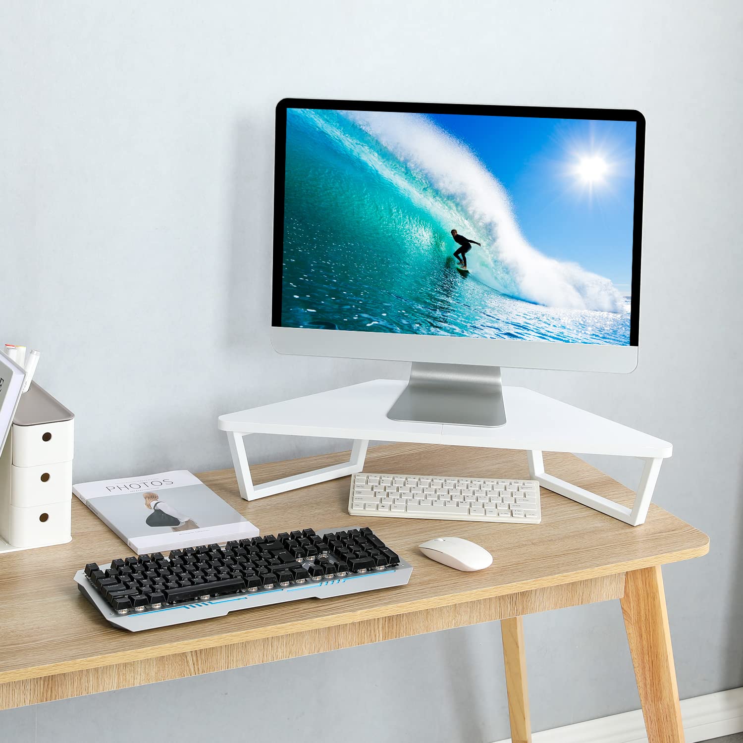 TEAMIX 26 inch White Triangle Monitor Stand Riser, Desktop Corner Shelf with Metal Leg Wood