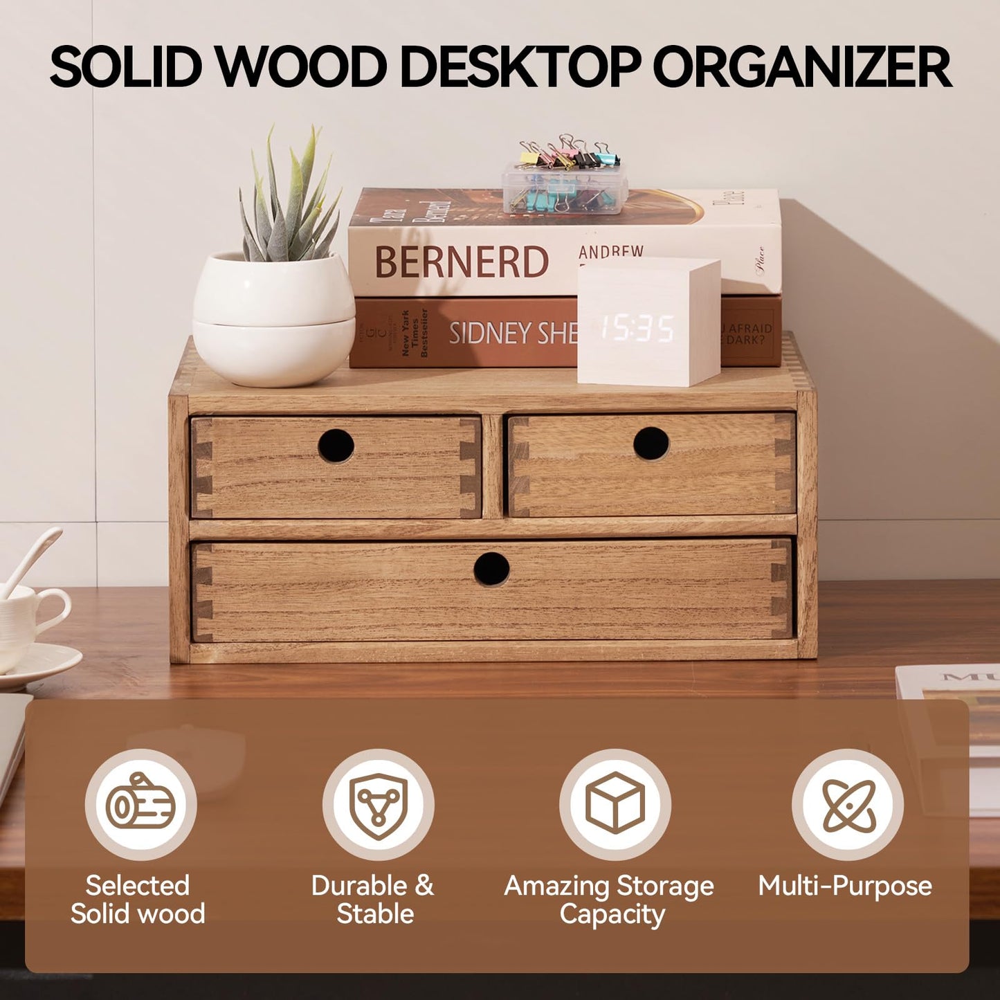 KIRIGEN Wood Desk Organizer with 3 Drawers, Desktop Storage Brown 23-DBR
