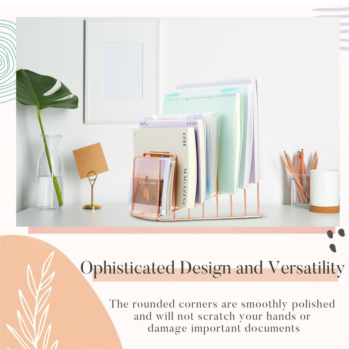Chivertion 2 Pcs 2 Pcs Wire File Sorter Desk 7 Section Organizer, Rose Gold