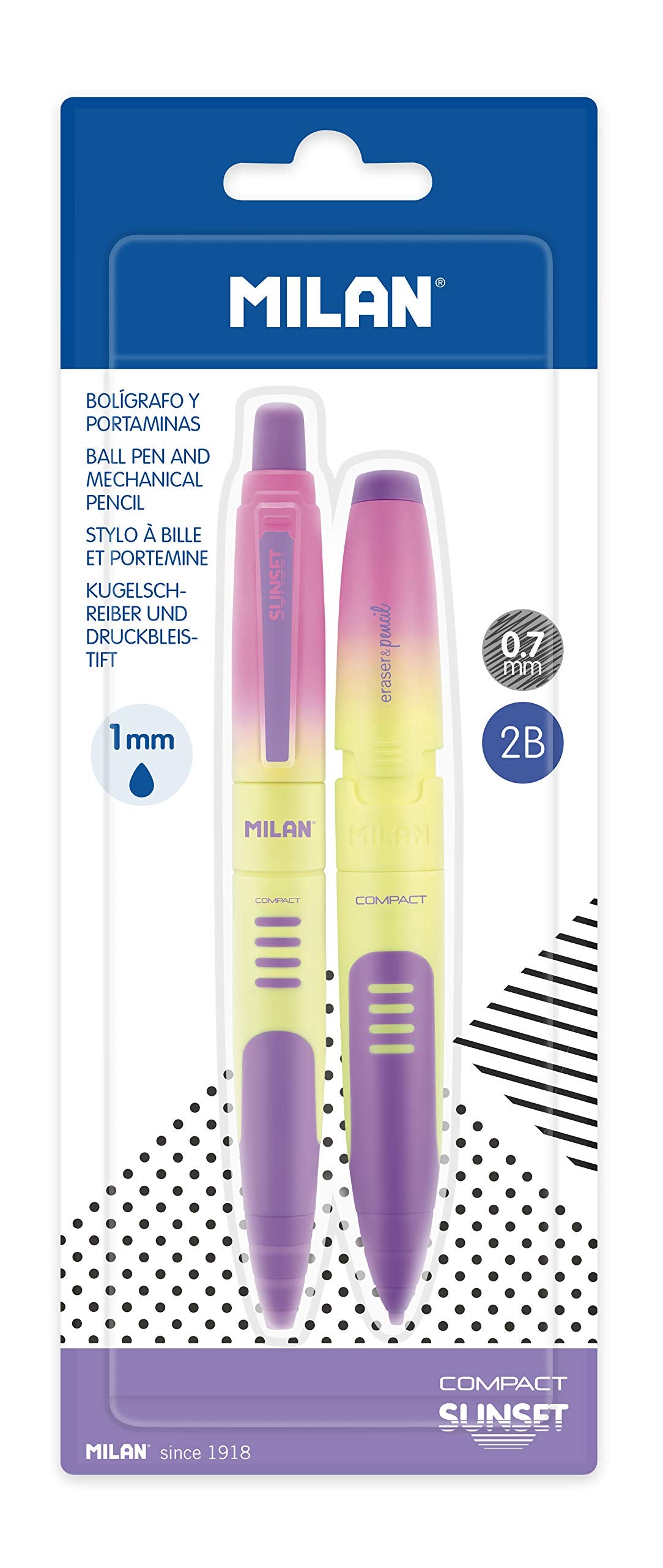 MILAN Blister pack 1 ballpoint pen + 1 mechanical pencil COMPACT Sunset