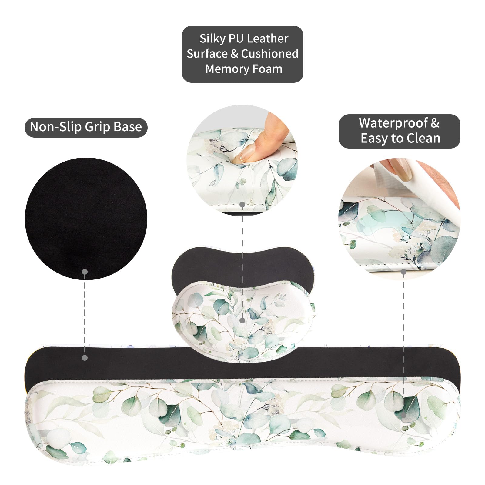 QiyI PU Leather Desk Mat Set, 4-in-1 Ergonomic Wrist Rest, Eucalyptus