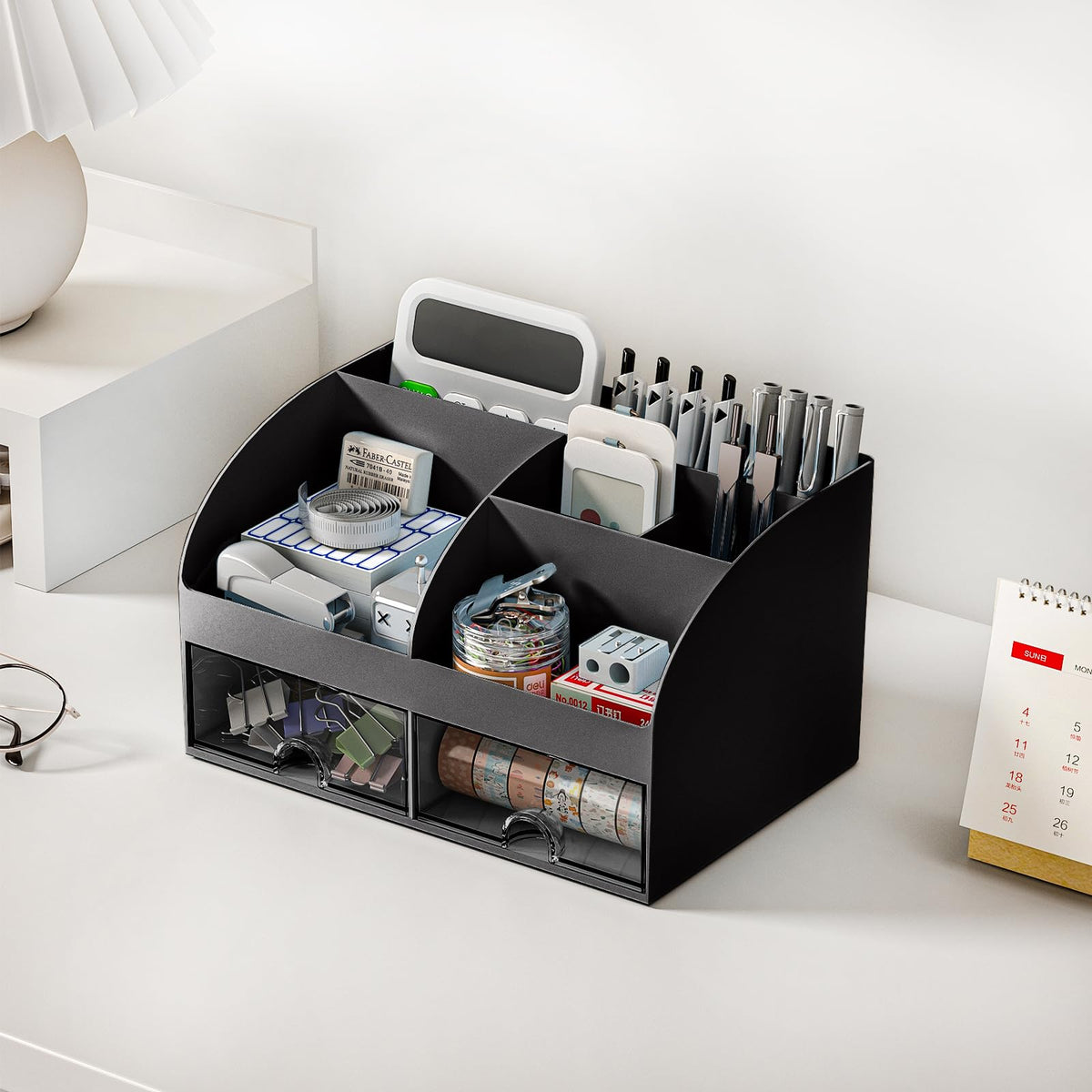 COMFYROOM Desk Organizer with 6 Compartments and 2 Drawers, Plastic Makeup Organizer, Pen Holder
