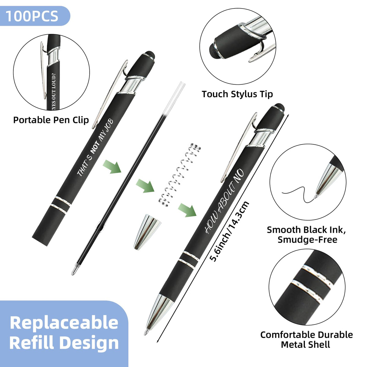 300 Pcs Funny Sarcastic Pens - 100 Set Ballpoint Pens with Refills & Bags,Fun Pen with Snarky
