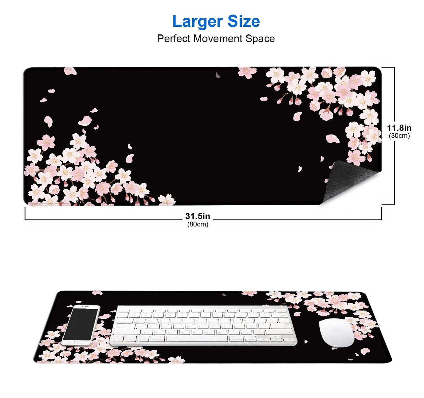 IMAYONDIA Sakura Japanese Desk Mat, Cherry Blossom Large Gaming Mouse Pad, Black Elegant Floral