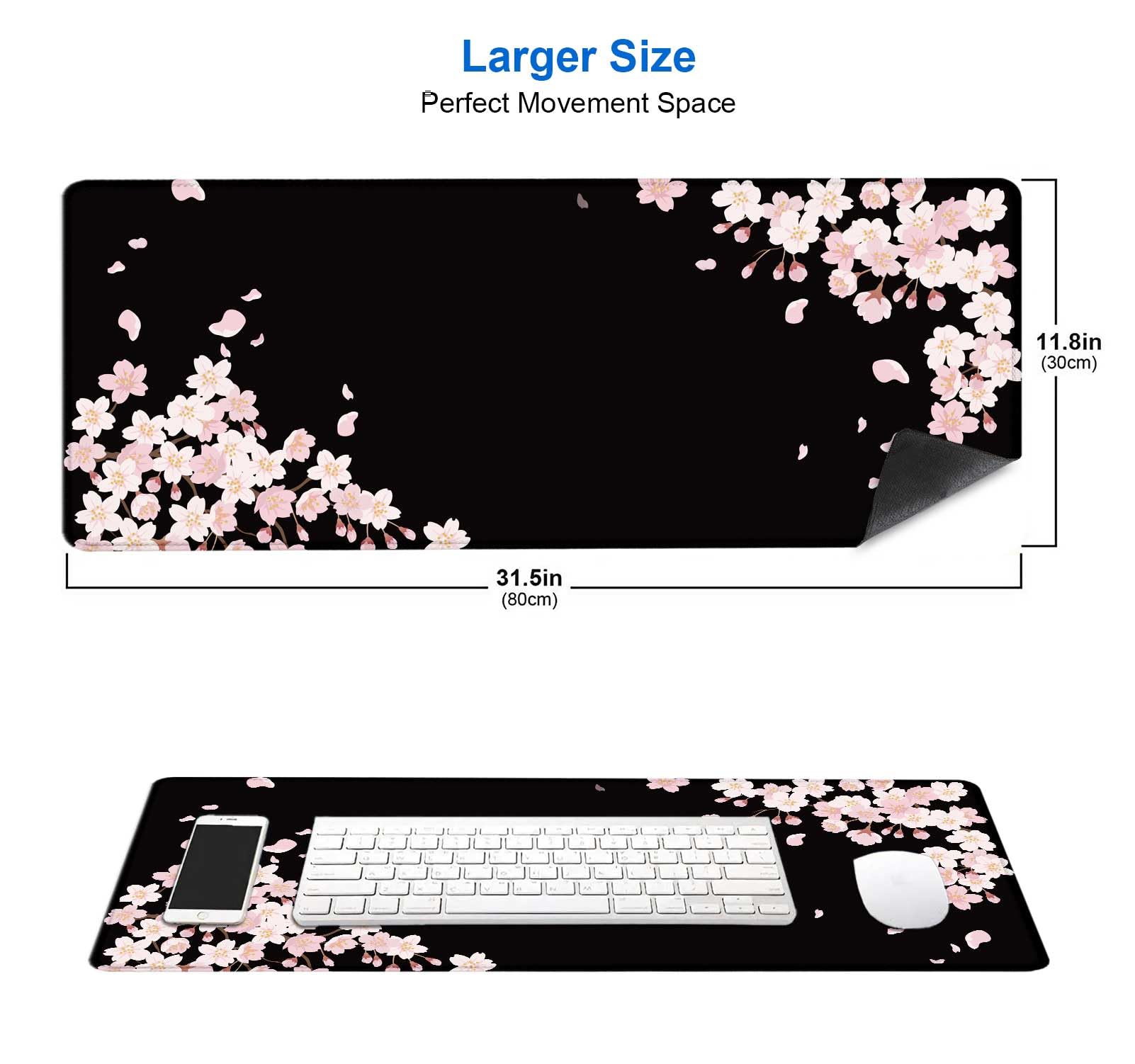 IMAYONDIA Sakura Japanese Desk Mat, Cherry Blossom Large Gaming Mouse Pad, Black Elegant Floral