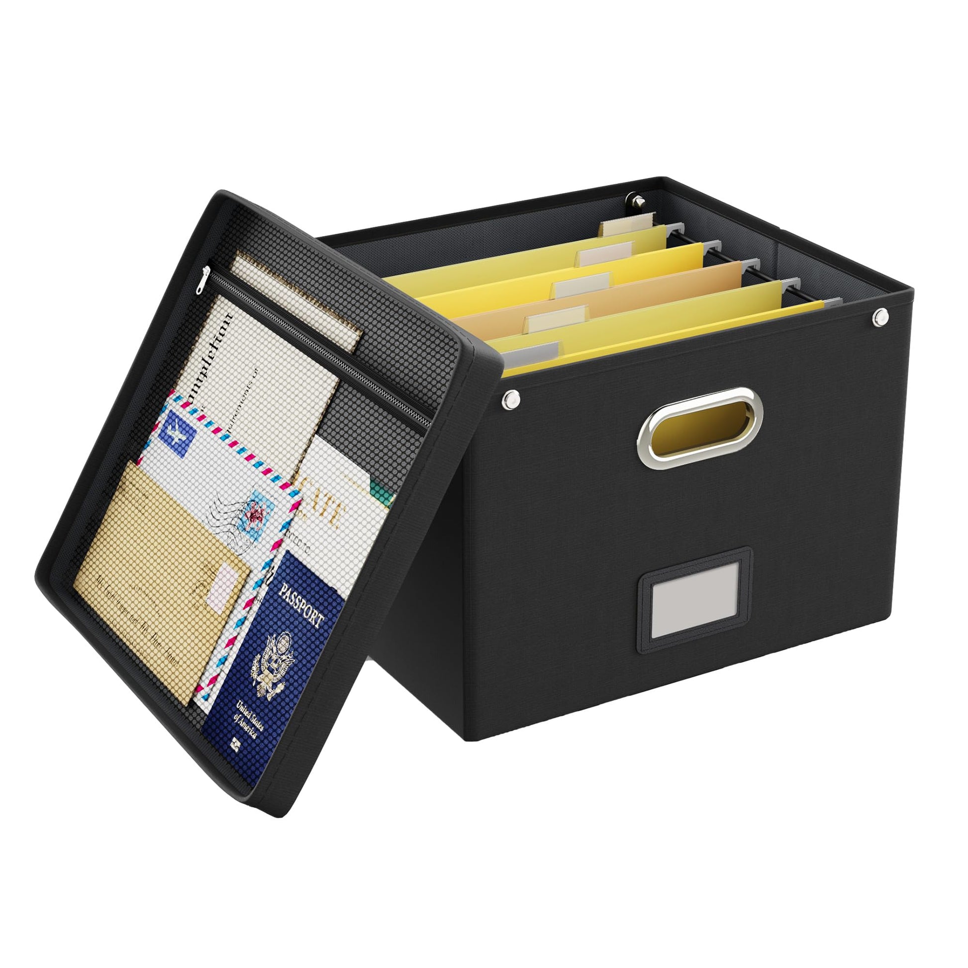 Oterri File Organizer Box with Lid,Large Hanging Filing Box with Mesh Pocket, Document c for Letter