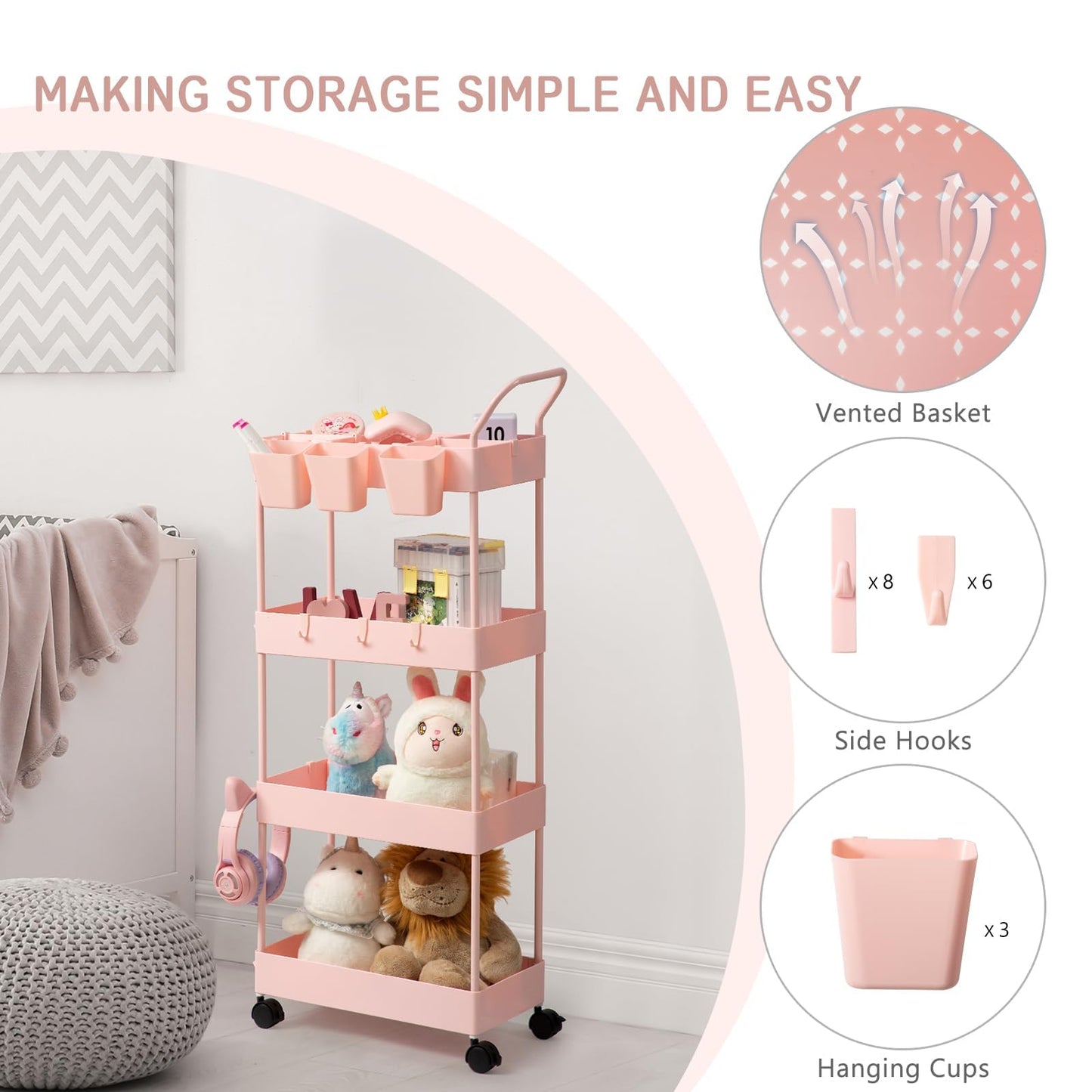Danpinera 4-Tier Pink Slim Storage Cart, Narrow Laundry Cart with Wheels, Dividers, Hanging Cups