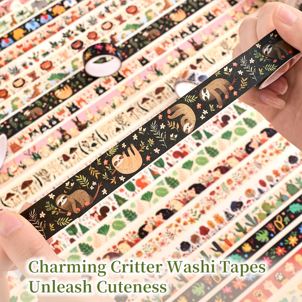 icceemee 36 Rolls Animal Theme Washi Tape Set, Colorful Cute Adorable Animals Writable Decorative