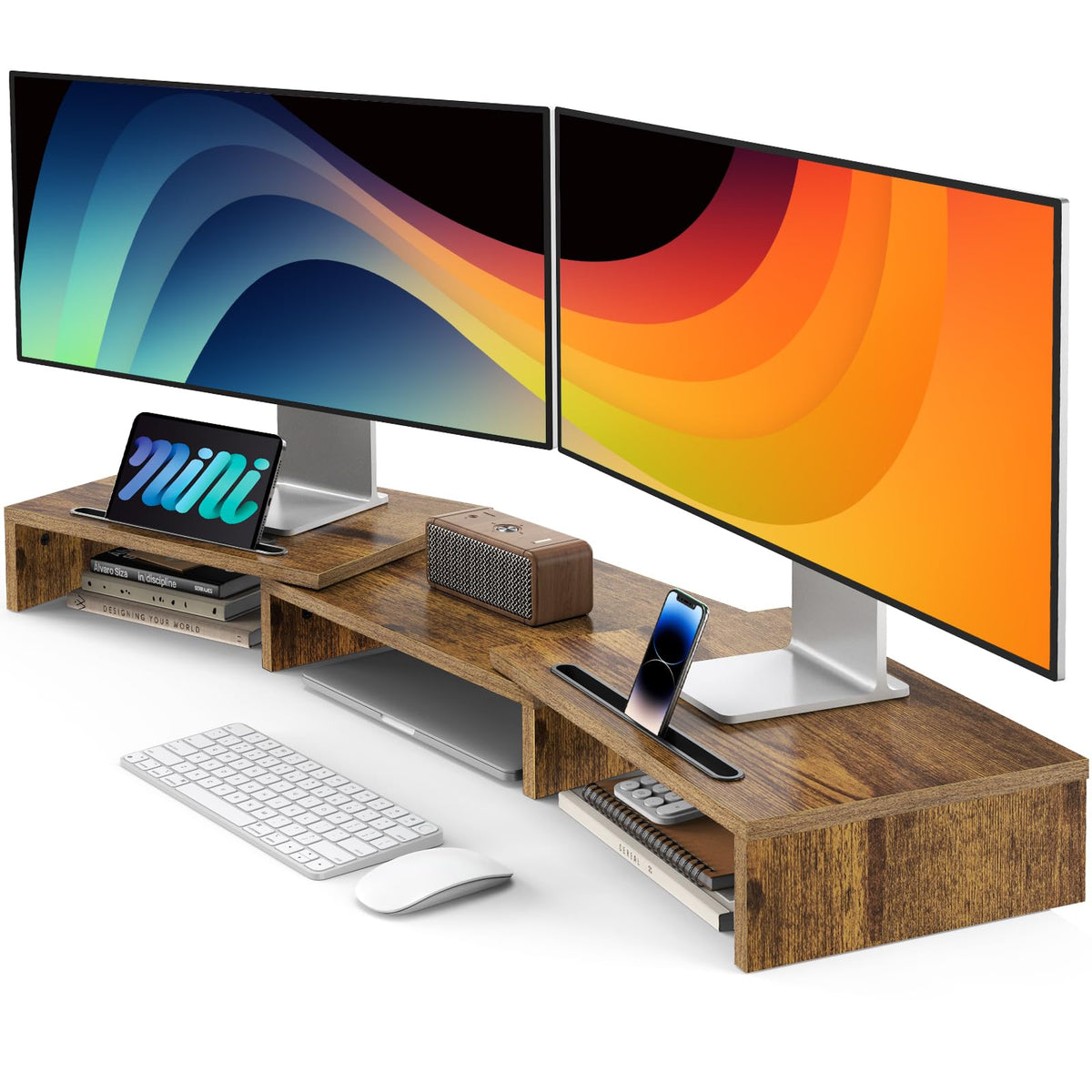 AMERIERGO Dual Monitor Stand Riser- 3 Shelf Screen Stand with Adjustable Length and Angle, 2 Extra
