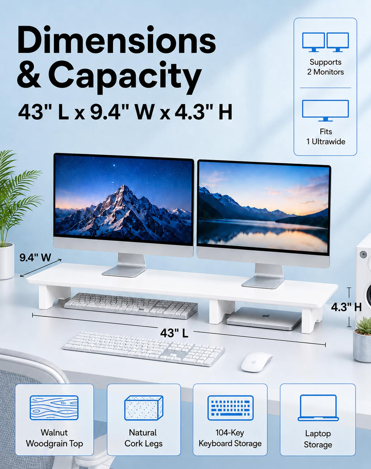 Aothia 43 in White Dual Monitor Stand, Monitor Riser for Desk, Solid Wood