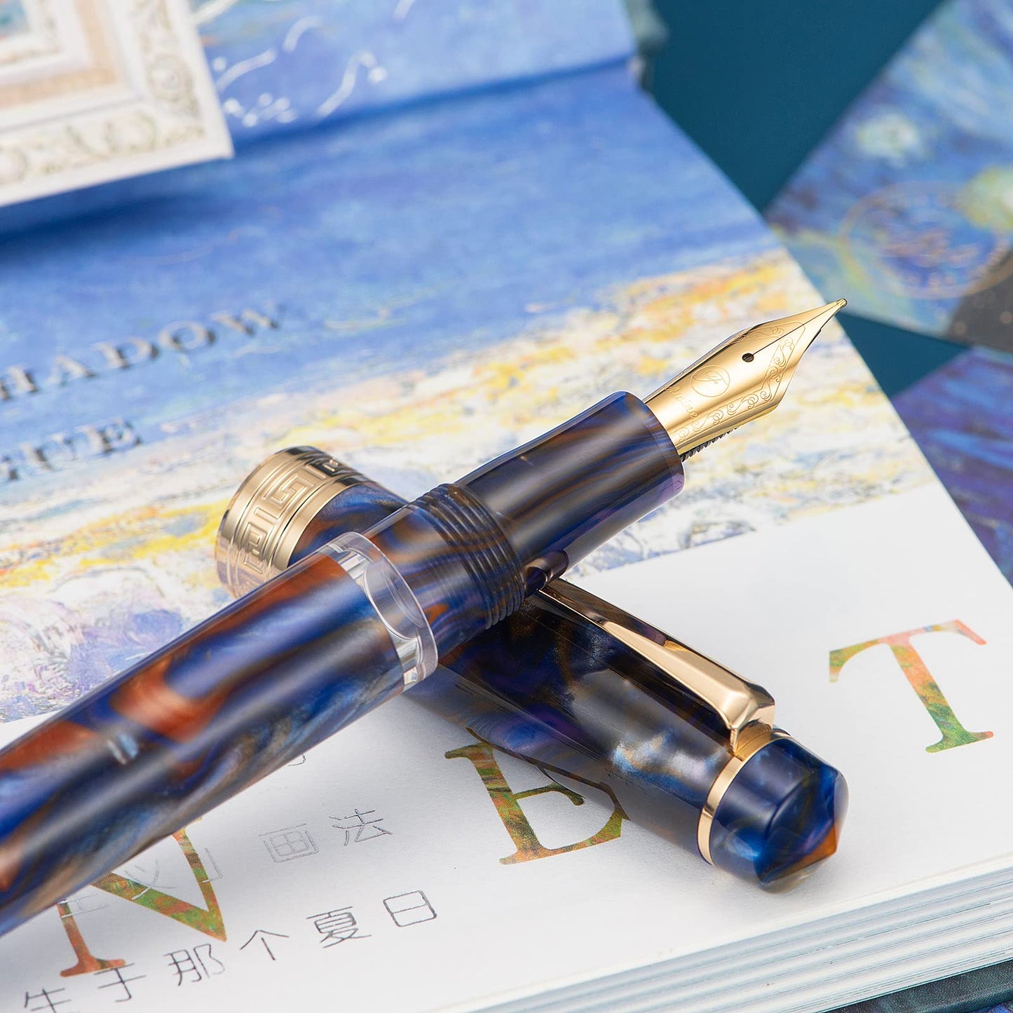 Asvine P20 Piston Fountain Pen Purple Resin, Iridium Medium Nib Gold Trim Business Signature