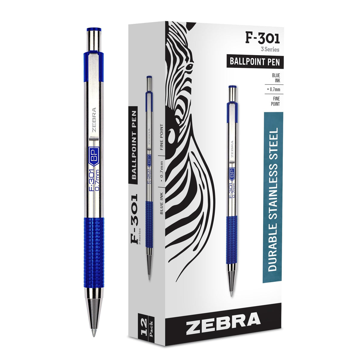 Zebra Pen STEEL F-301 Retractable Ballpoint Pen, Blue Ink, 0.7mm, 12-Pack