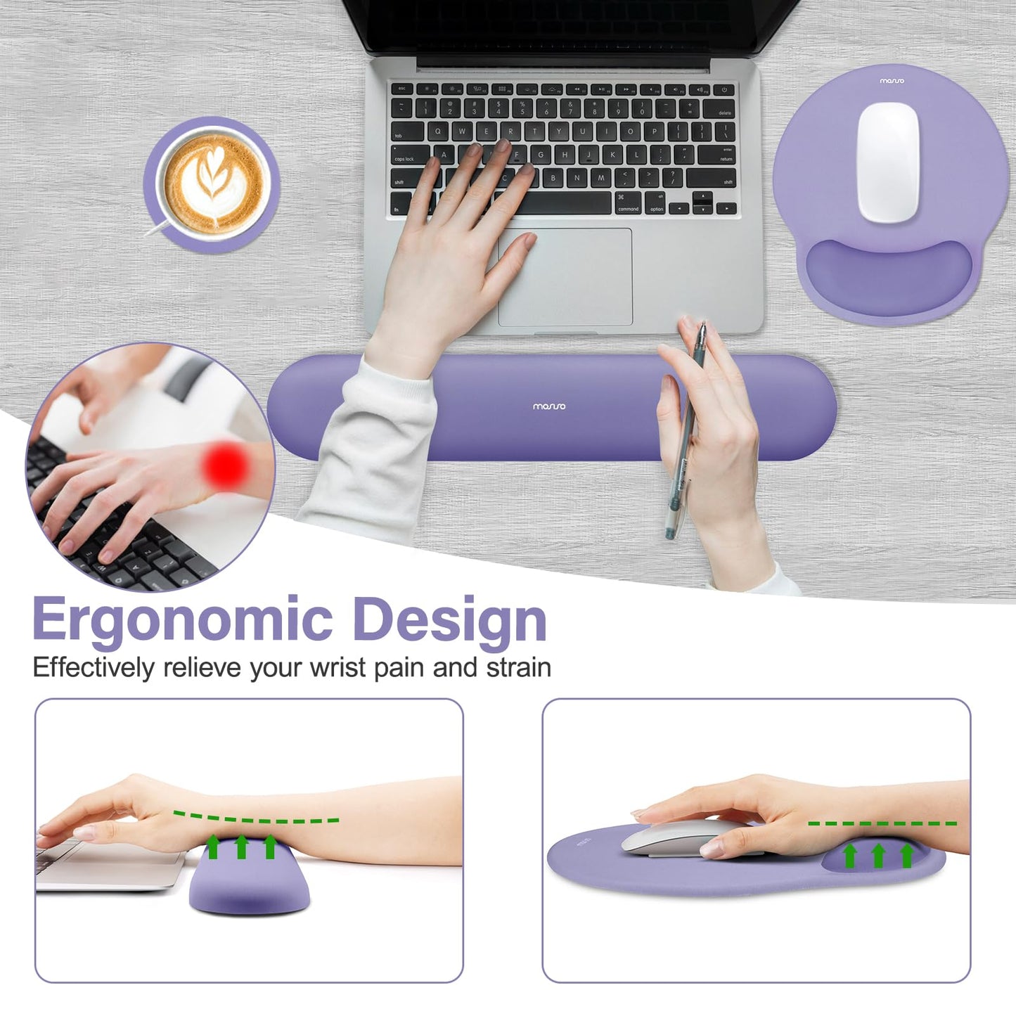 MOSISO Wrist Rest Support for Mouse Pad&Keyboard Set, Lavender Purple