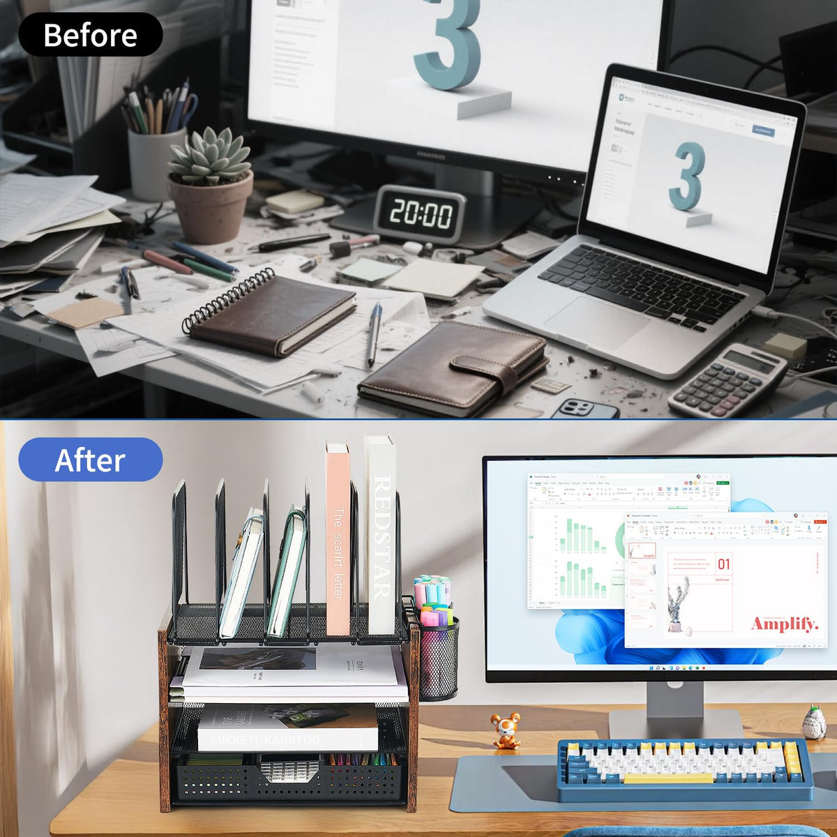 AUPSEN Desk Organizer with 5 Vertical File Holders, Storage Drawer & 2 Pen Holders, 5 Trays Paper