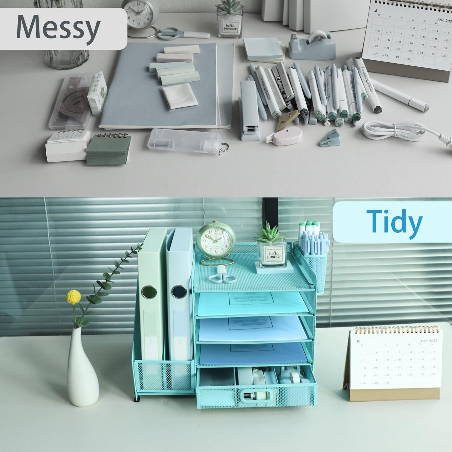 ideallife Desk Organiser with 2 Pack Magazine File Holder, 5-Tier Paper Tray Organiser with Drawer
