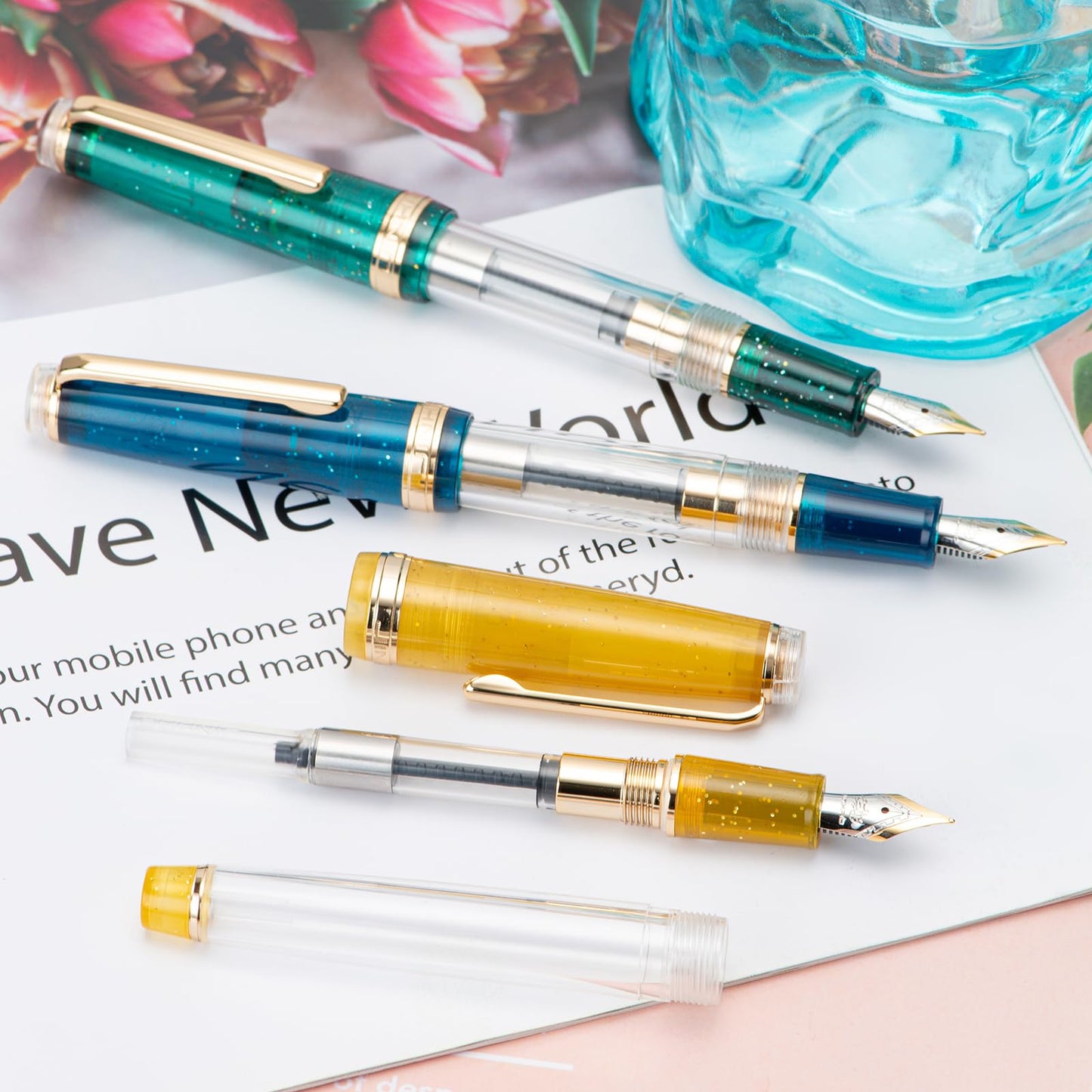 Set of 3 Jinhao 82 Fountain Pens Transparent Starry Sky Color Acrylic Extra Fine Point Gold Trim