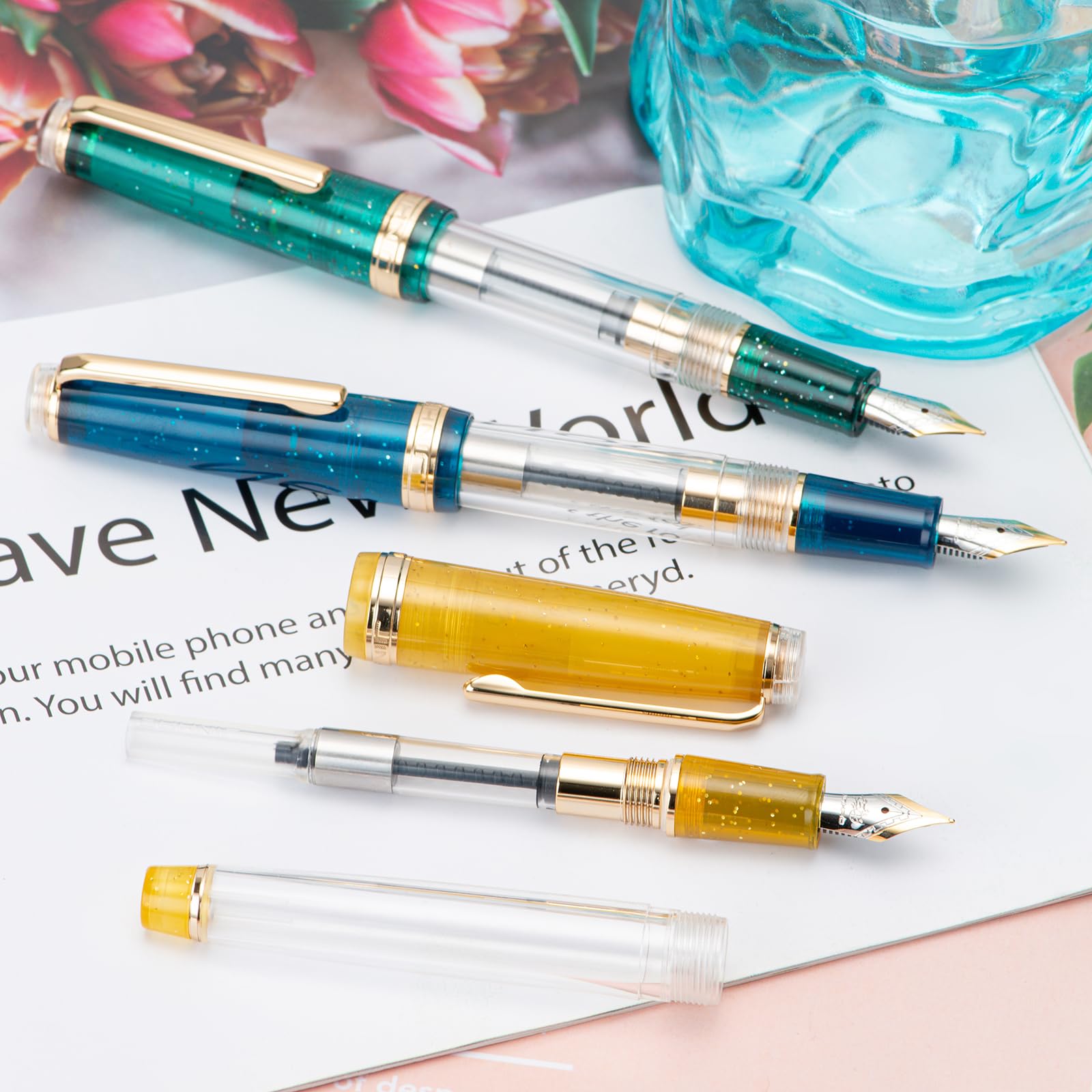 Set of 3 Jinhao 82 Fountain Pens Transparent Starry Sky Color Acrylic Extra Fine Point Gold Trim