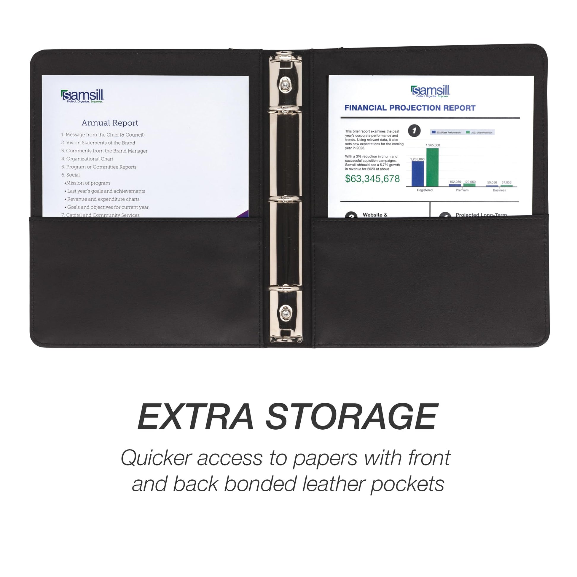Samsill 1" Junior Size 3 Ring Binder, Leather, Black with Contrast Stitching, Holds 8.5 x 5.5