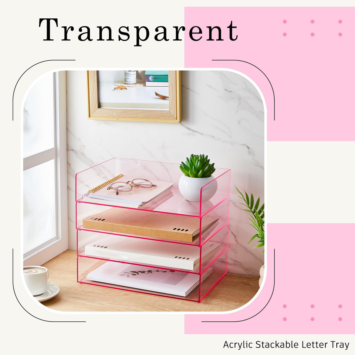 Harloon 4 Tier Paper Organizer Letter Tray Pink Acrylic Desk File Organizer Heavy Duty Stackable