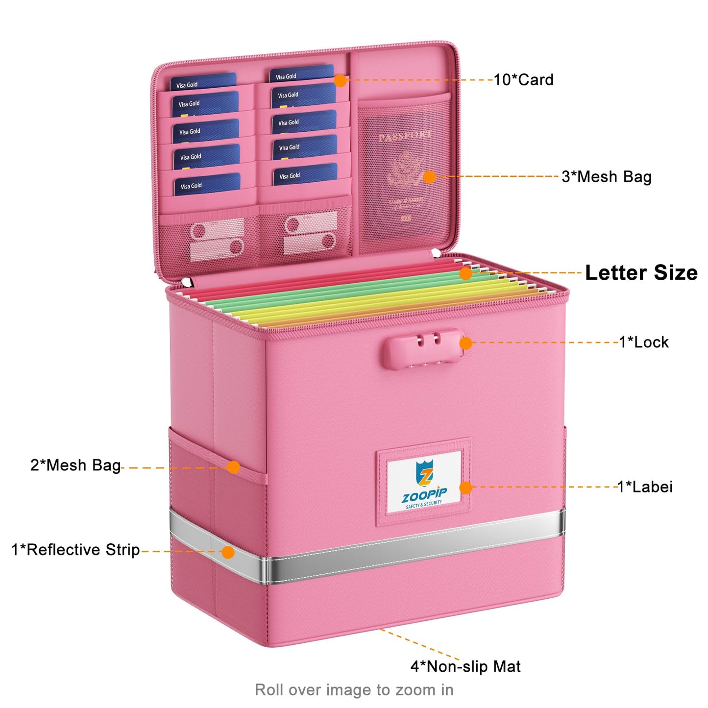 ZOOPIP Fireproof File Box with Lock, Collapsible Document Organizer, Pink
