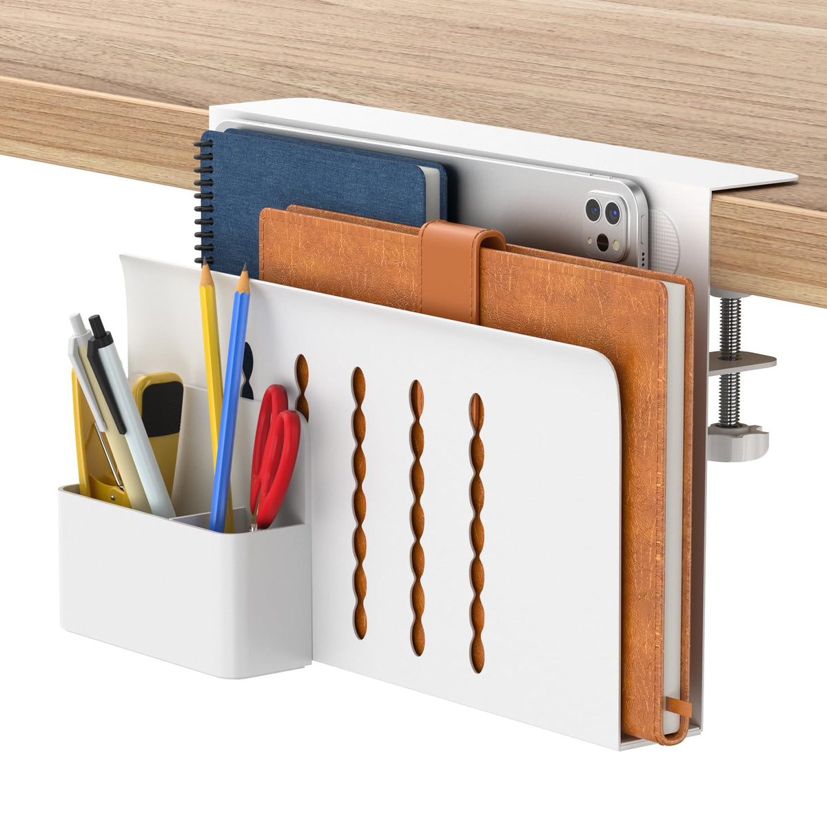 HAMOPY Desk Side Storage, Single-Layer Steel Hanging Desk Organizer with Magnetic Pen Holder, No