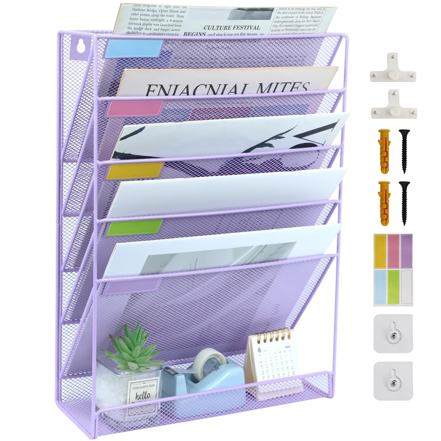 ideallife 5 Pockets Mesh Wall File Holder Organizer with Bottom Flat Tray, Office Hanging File