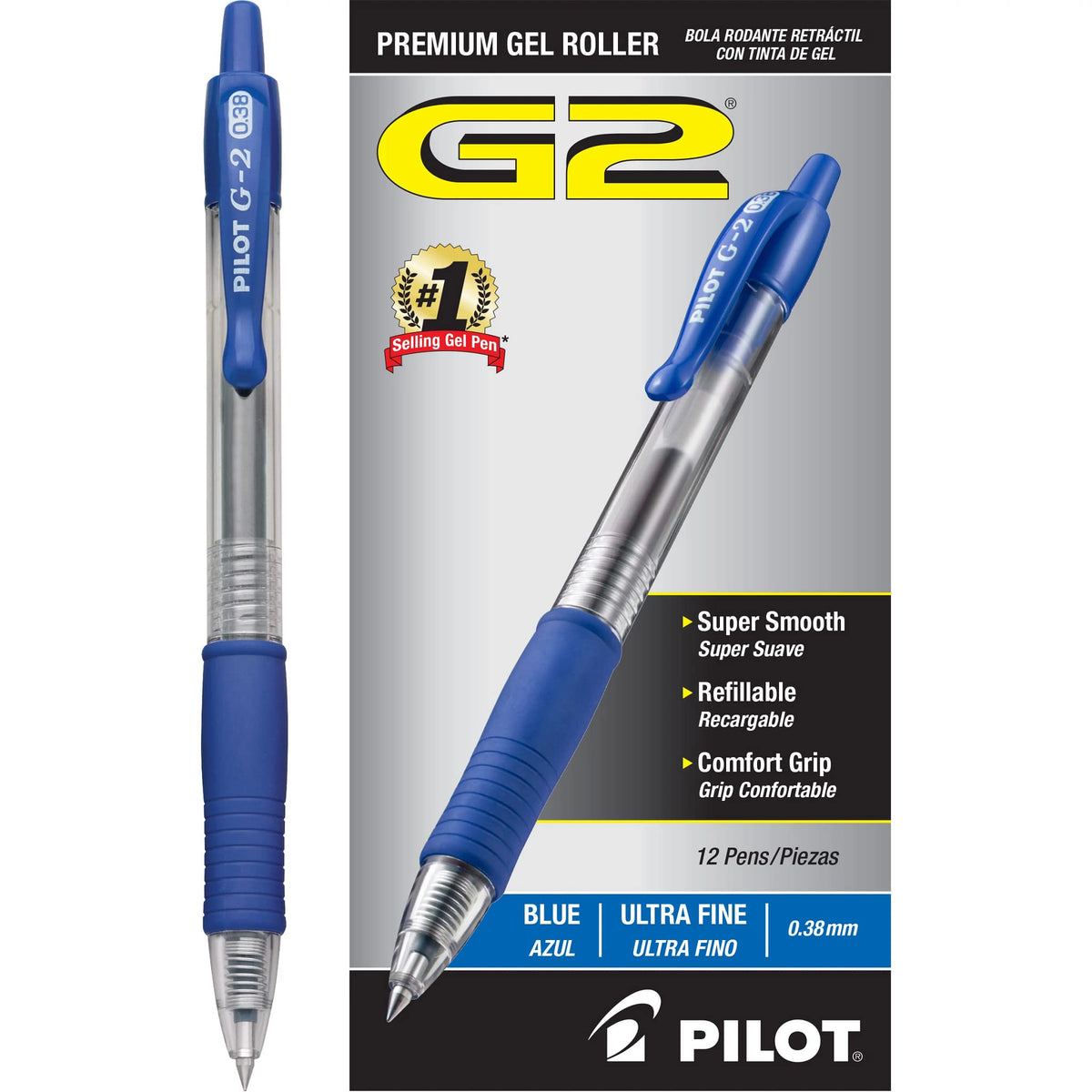 PILOT G2 Premium Retractable Rolling Ball Blue Gel Pens, .38mm, 12-Pack