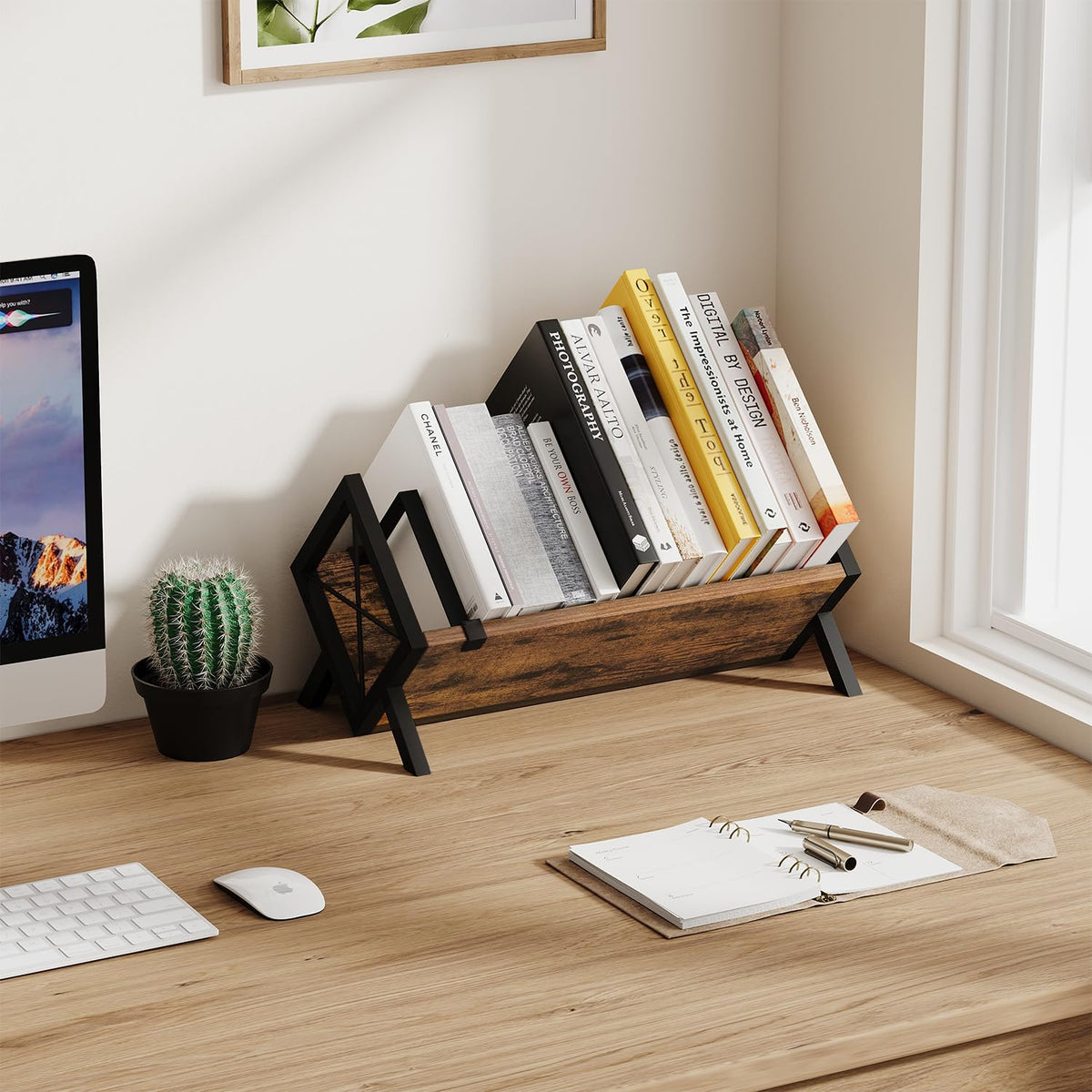 YINMIT Wood Desktop Bookshelf, Retro Tabletop Bookshelf, Desk Shelf for Top of Desk in Living Room