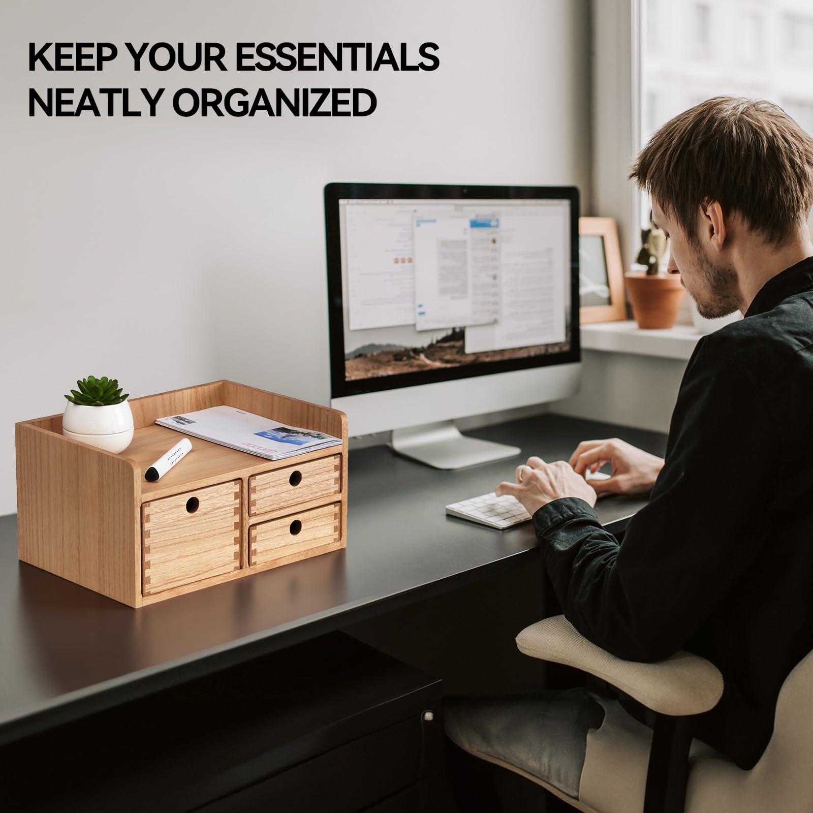 KIRIGEN Wooden Desk Organizer with 3 Drawers and Top Tray Natural DT1D3C-NA