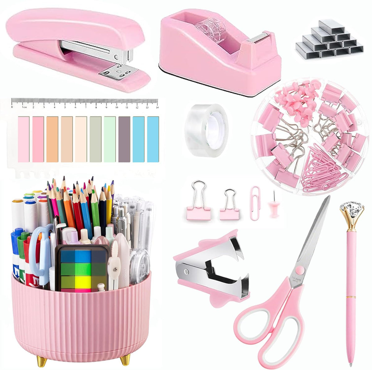 Office Supplies,Pink Desk Accessories,Office Supplies Set,Desk Organizer,Stapler,Tape