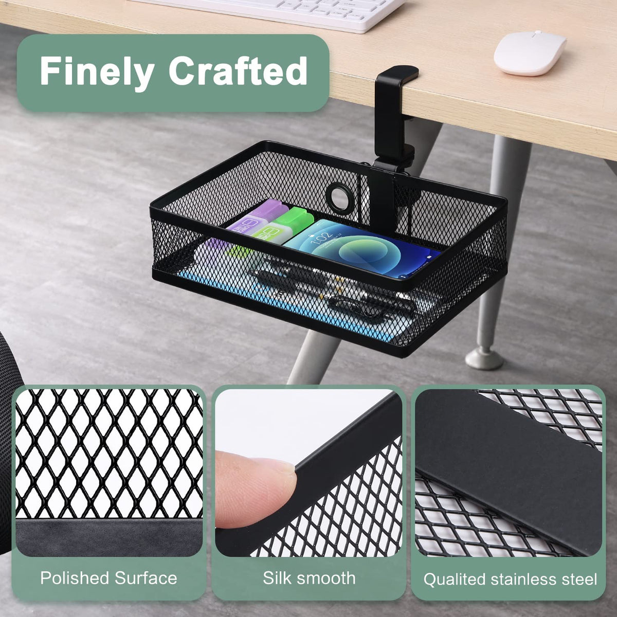 ROSYLINE Under Desk Storage Basket Hanging Drawer Tray, Clamp On Organizer